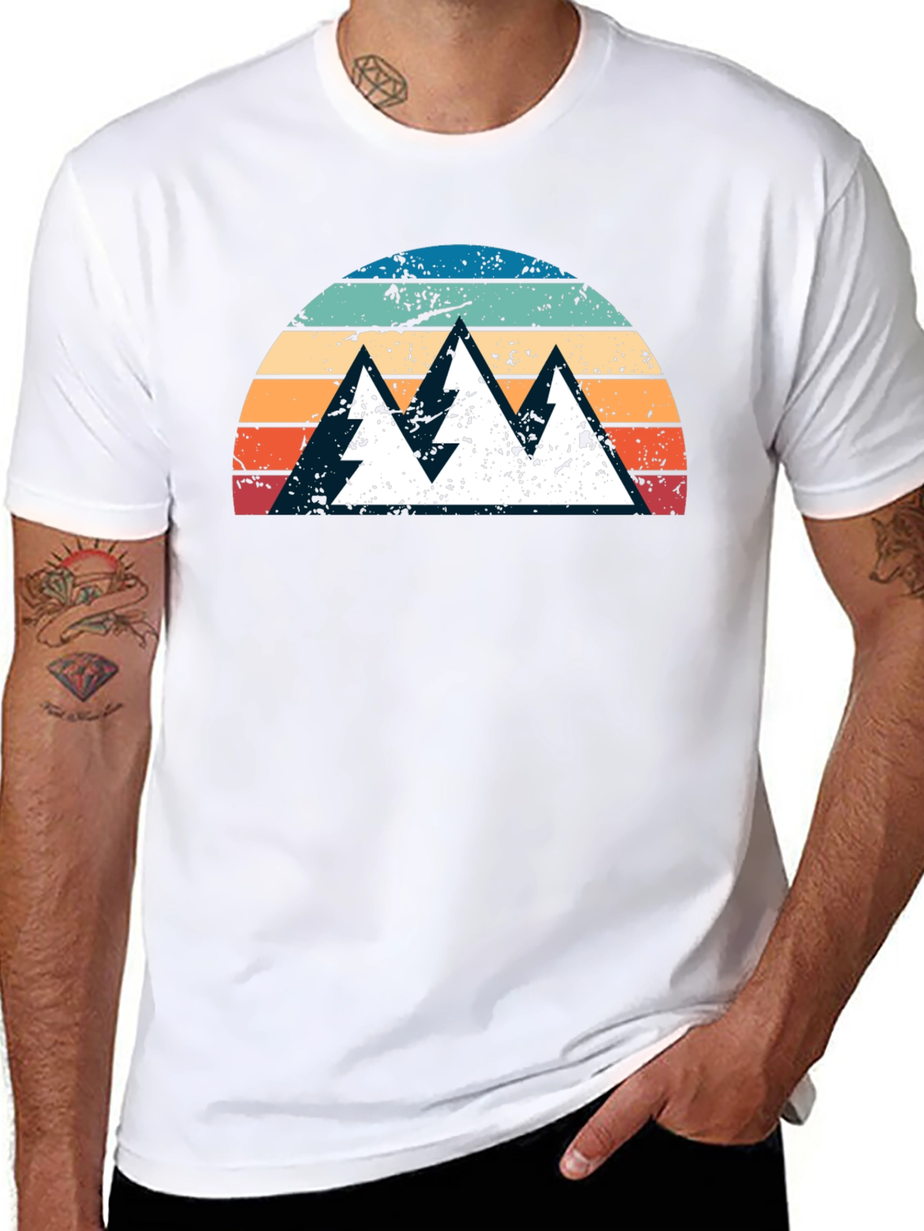 Retro Mountain Sunset Graphic Tee - Black Cotton Shirt
