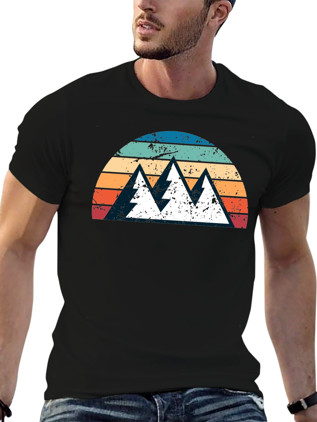 Retro Mountain Sunset Graphic Tee - Black Cotton Shirt