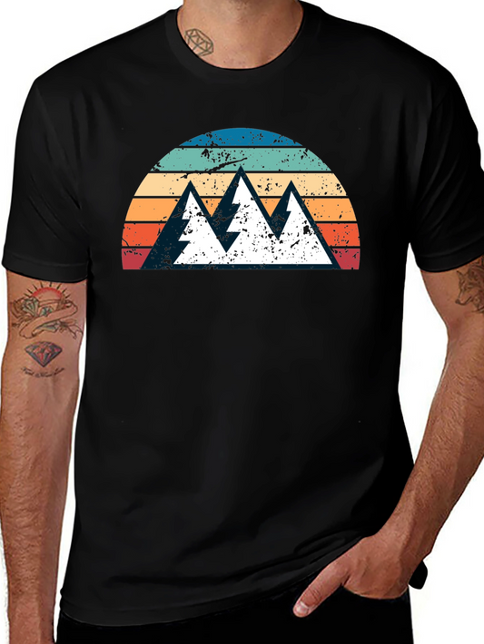 Retro Mountain Sunset Graphic Tee - Black Cotton Shirt