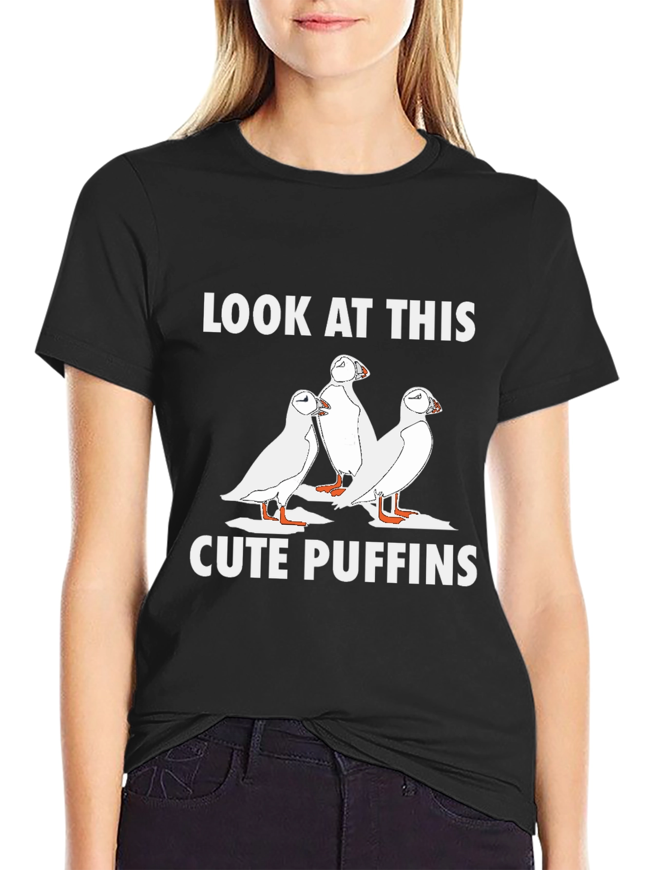 Cute Puffins Graphic T-Shirt - Black