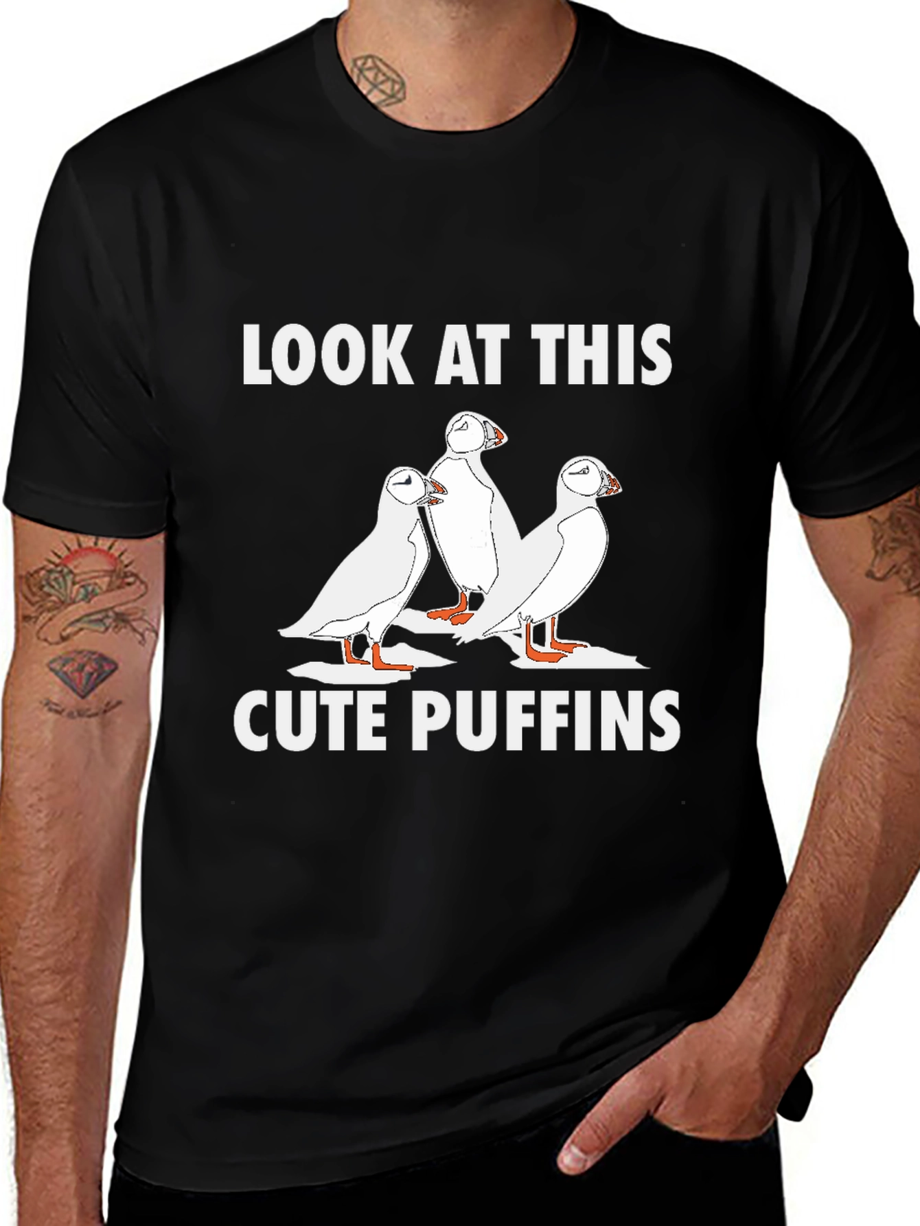 Cute Puffins Graphic T-Shirt - Black