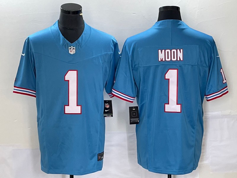Men's Tennessee Titans Warren Moon #1 Light Blue Oilers Throwback Retired Player Game Jerseys