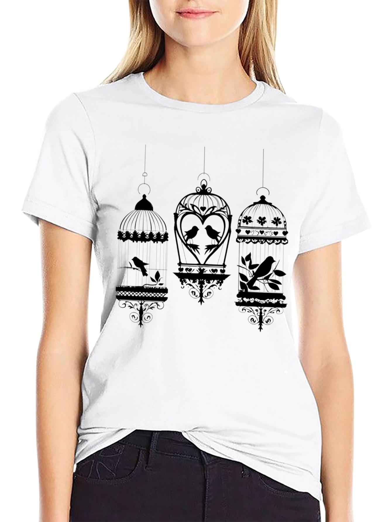 Birdcage Graphic Print T-Shirt - Black