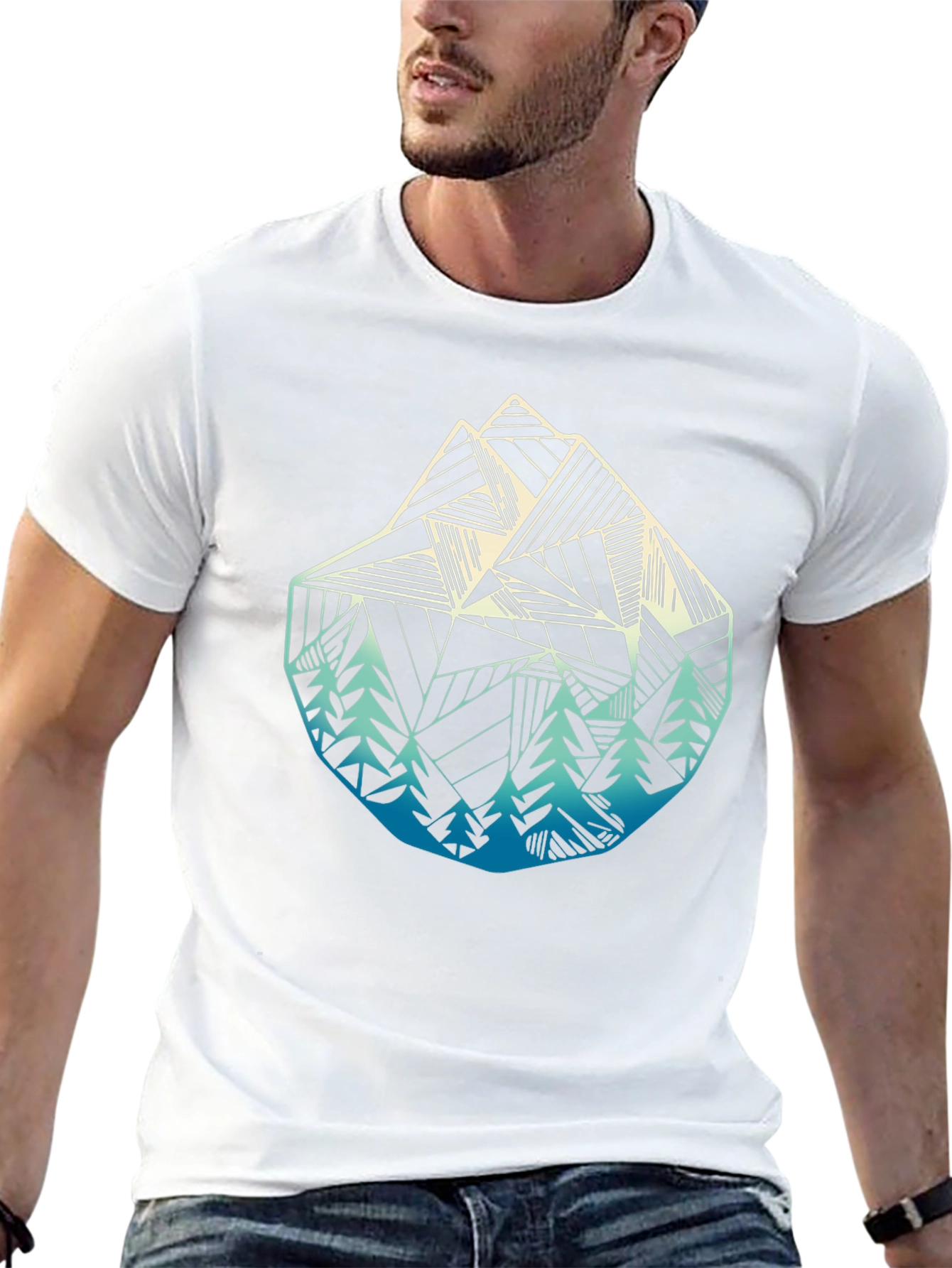 Geometric Mountain & Trees Graphic Tee - Black
