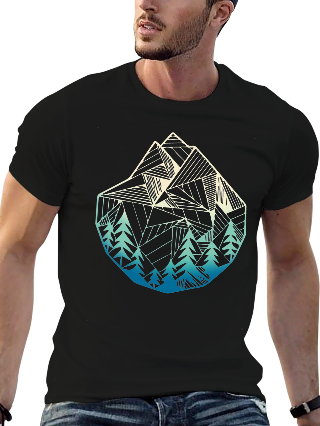 Geometric Mountain & Trees Graphic Tee - Black
