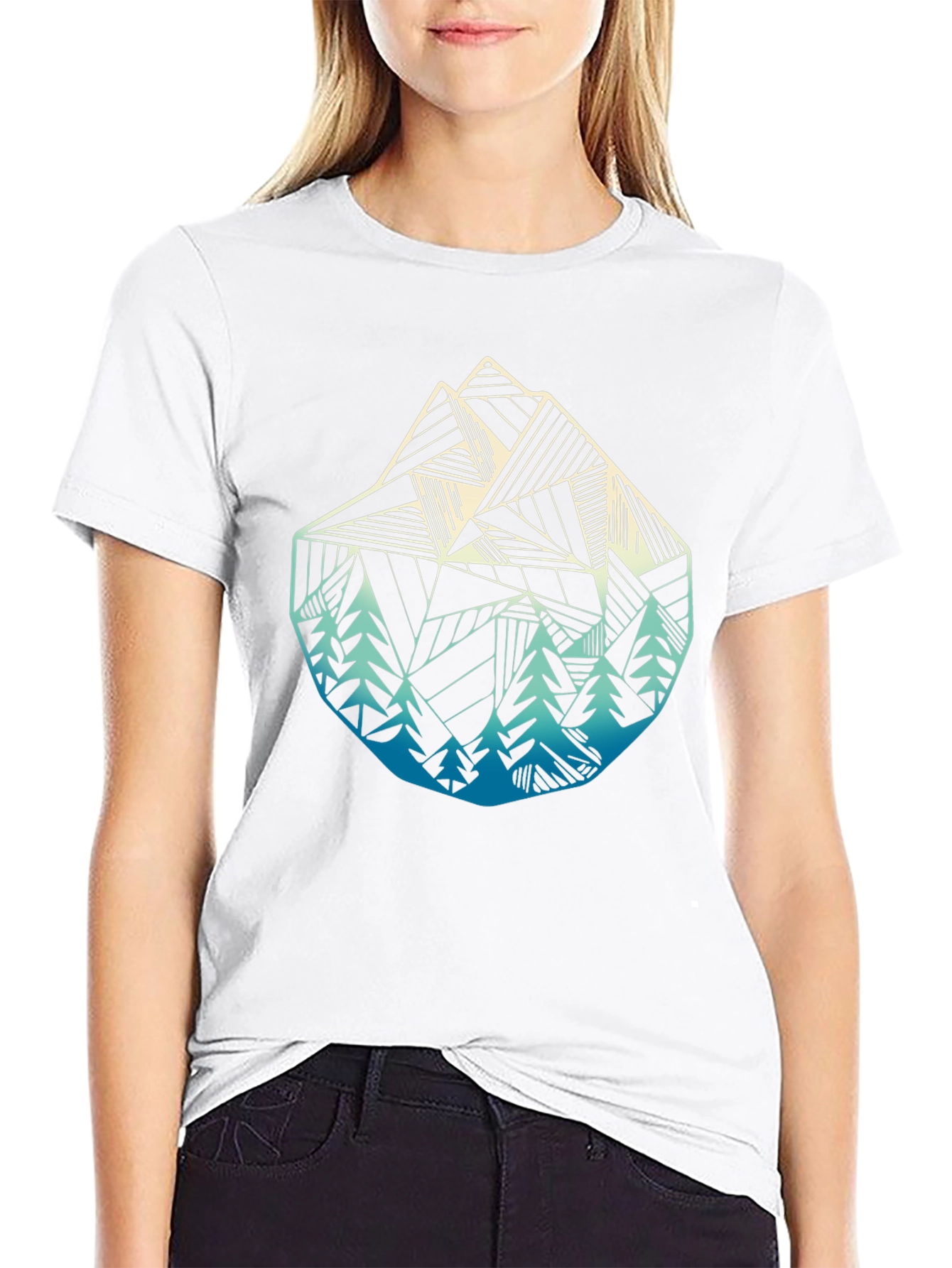 Geometric Mountain & Trees Graphic Tee - Black
