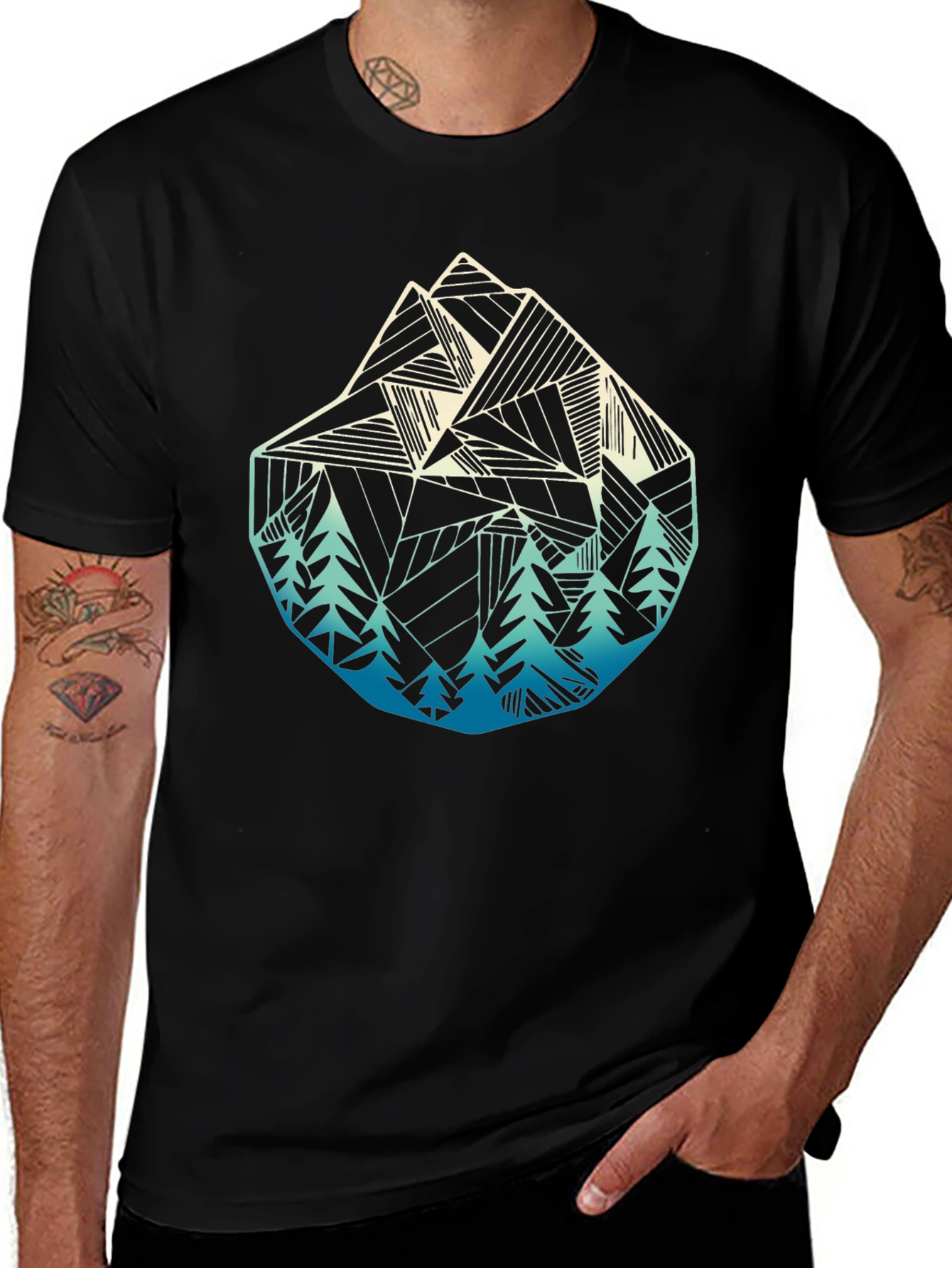 Geometric Mountain & Trees Graphic Tee - Black