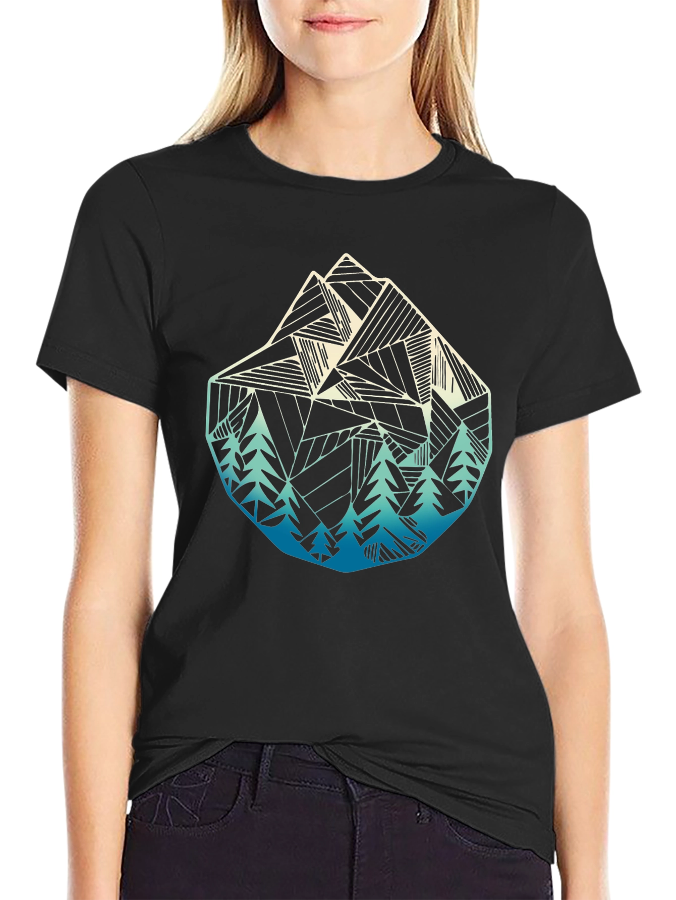 Geometric Mountain & Trees Graphic Tee - Black