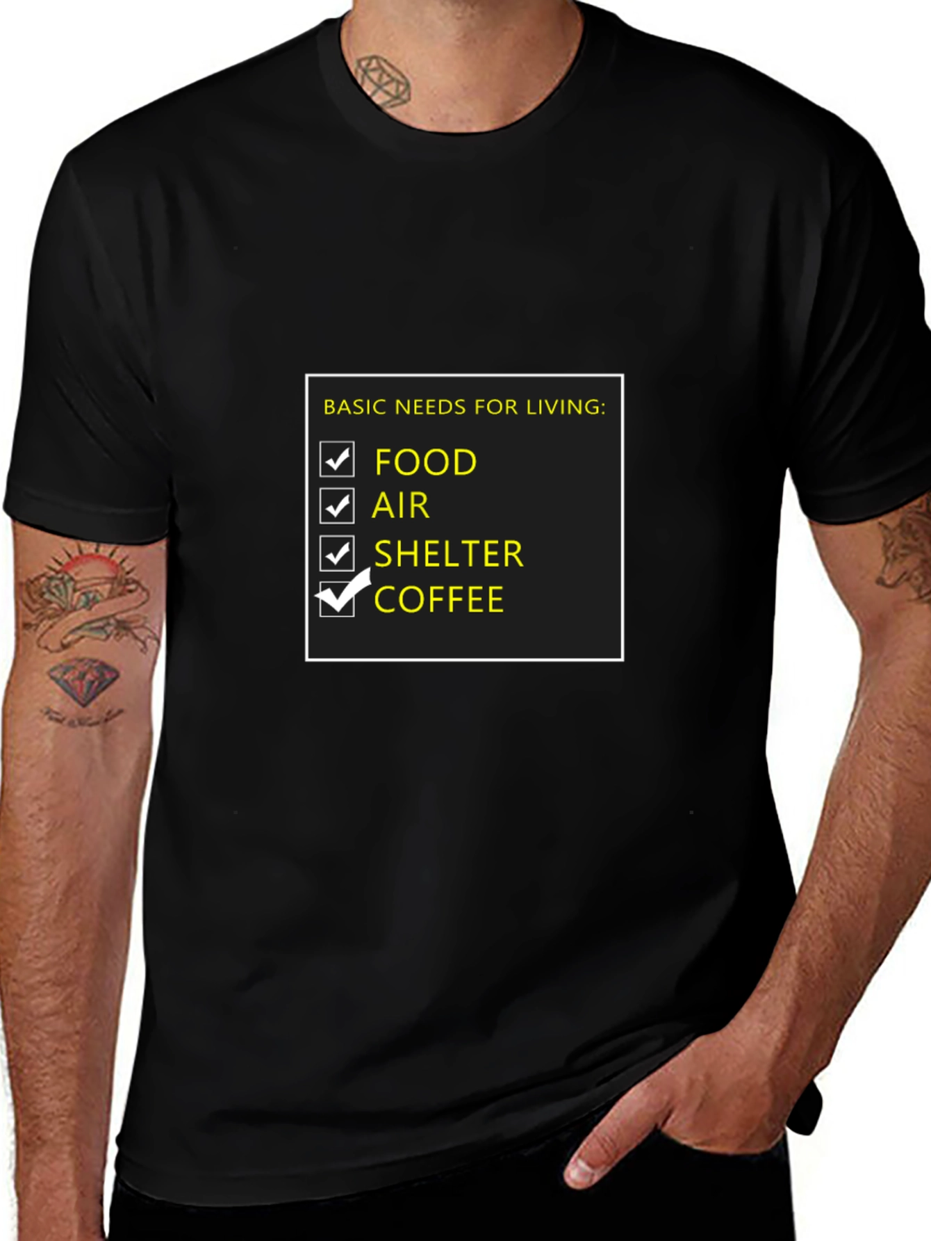 Basic Needs T-Shirt: Food Air Shelter Coffee