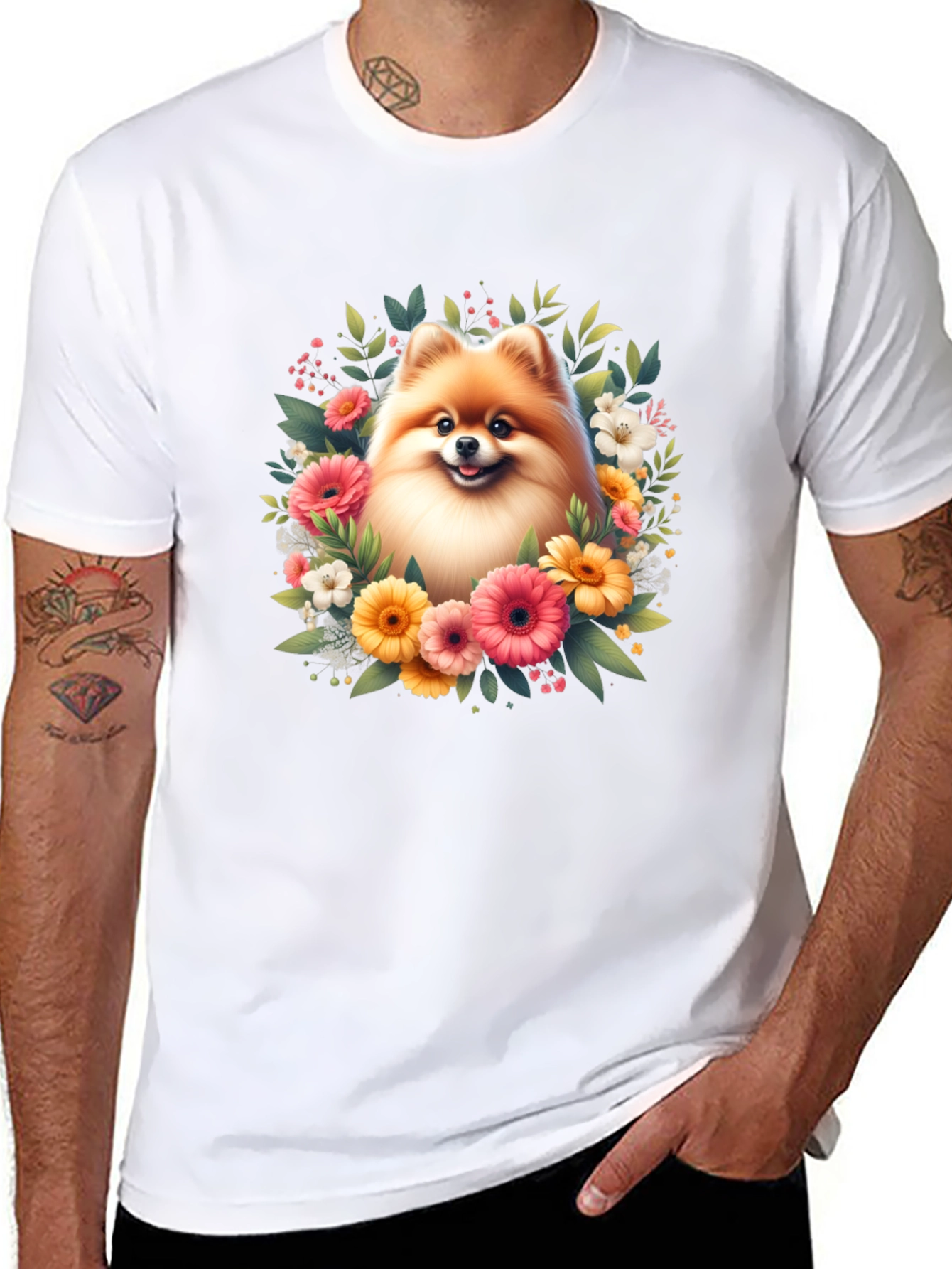 Dog and Floral Graphic Black T-Shirt