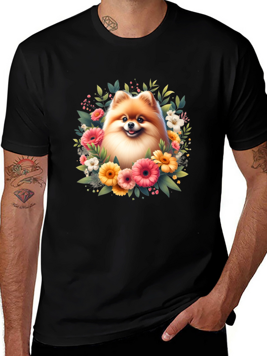 Dog and Floral Graphic Black T-Shirt