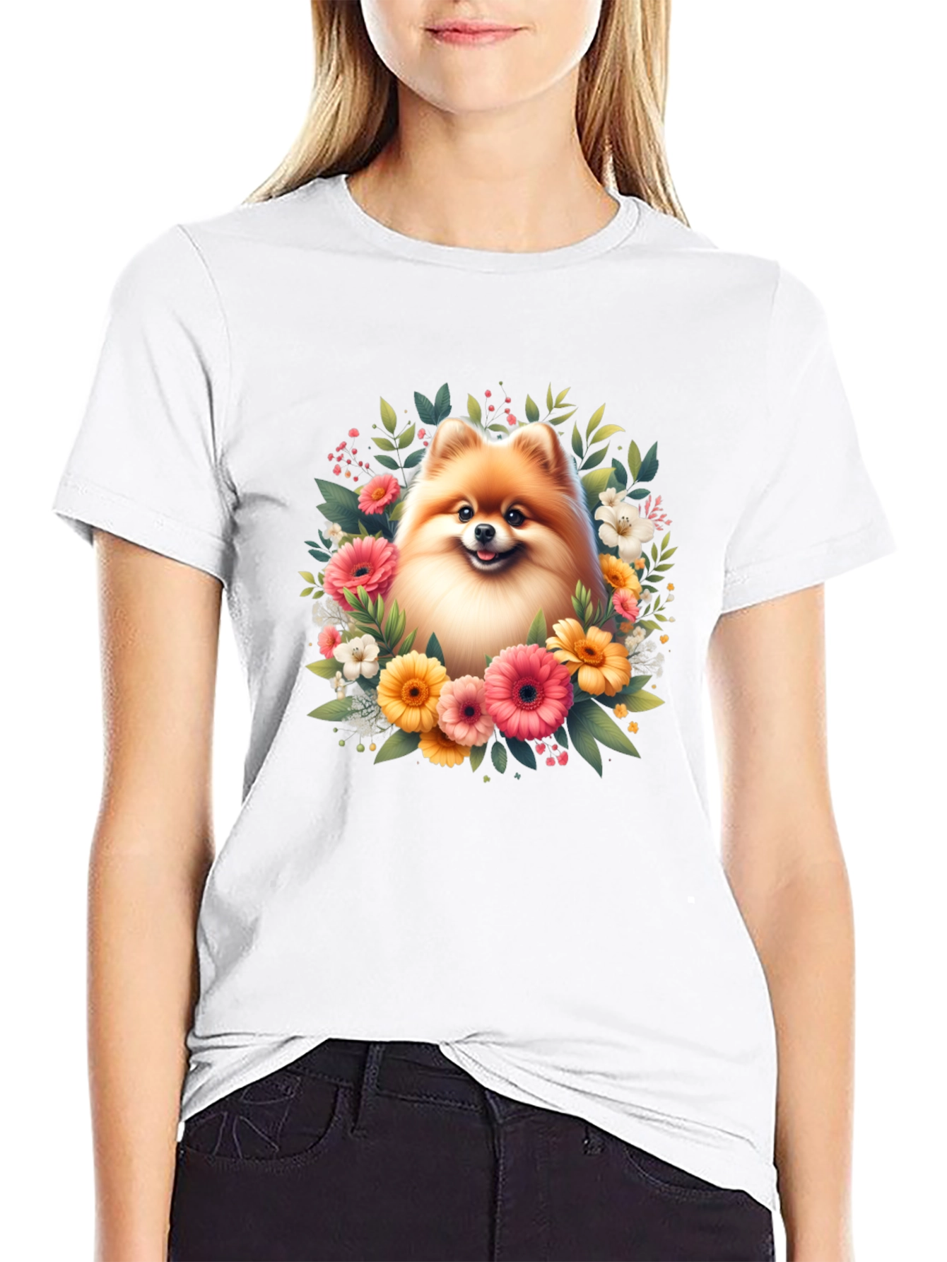 Dog and Floral Graphic Black T-Shirt