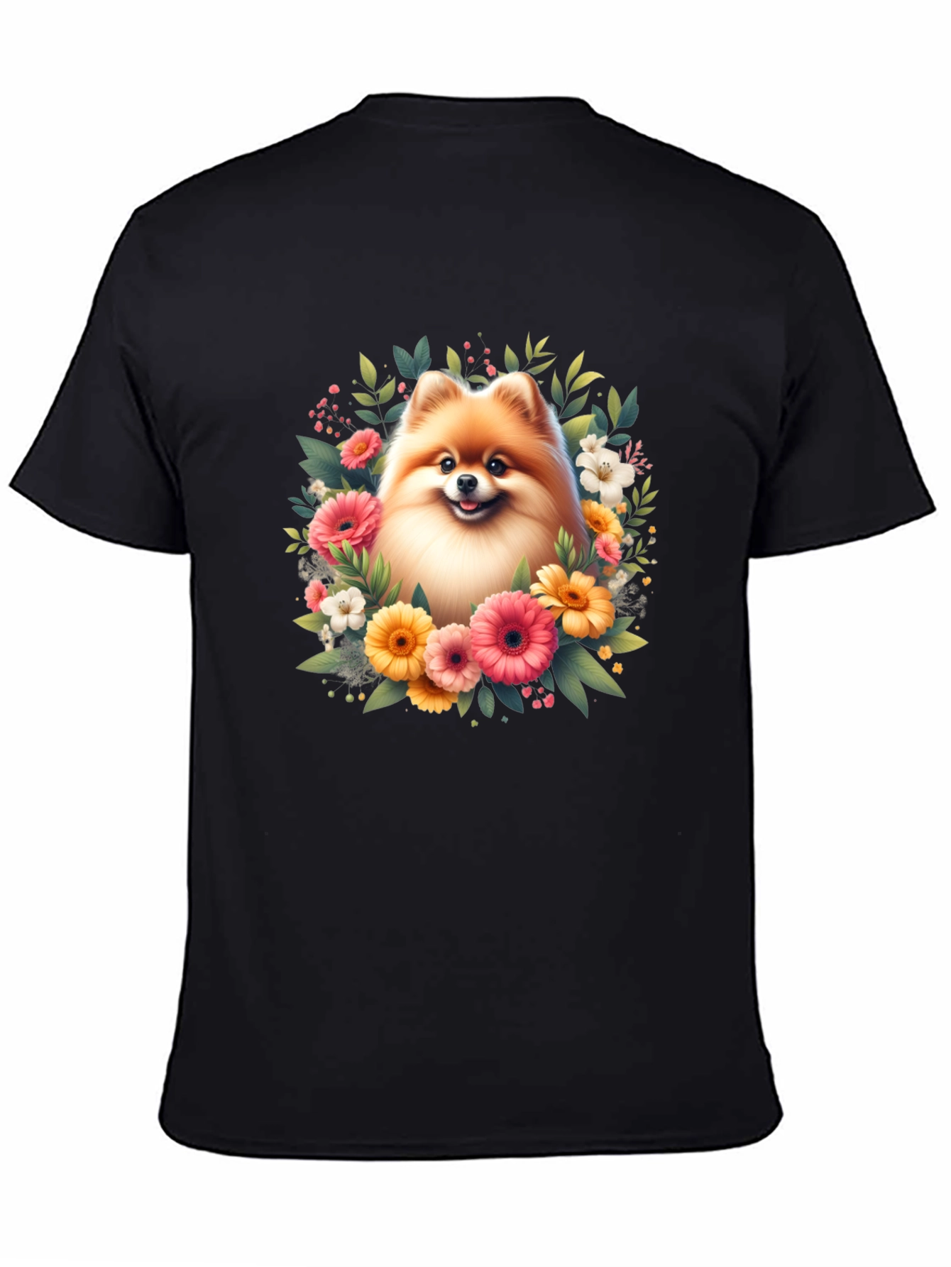 Dog and Floral Graphic Black T-Shirt