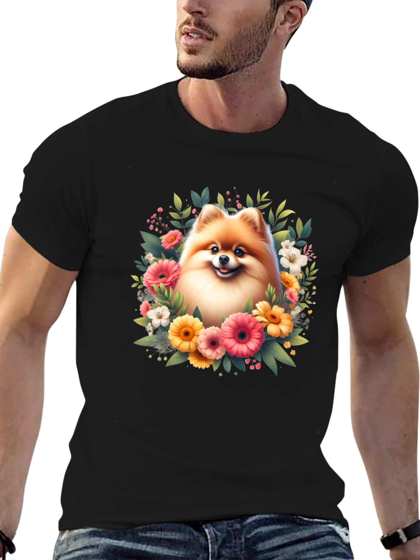 Dog and Floral Graphic Black T-Shirt