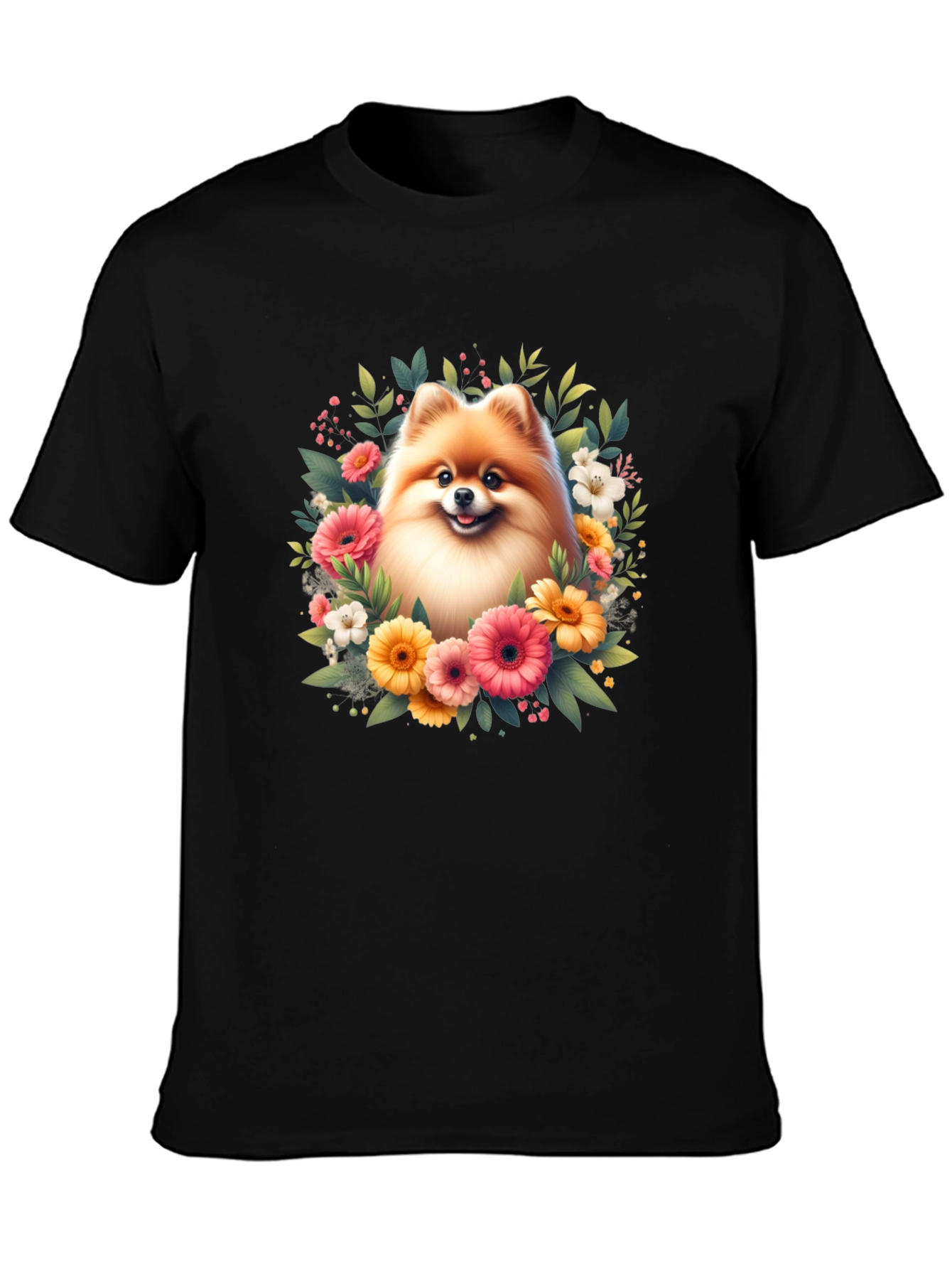 Dog and Floral Graphic Black T-Shirt