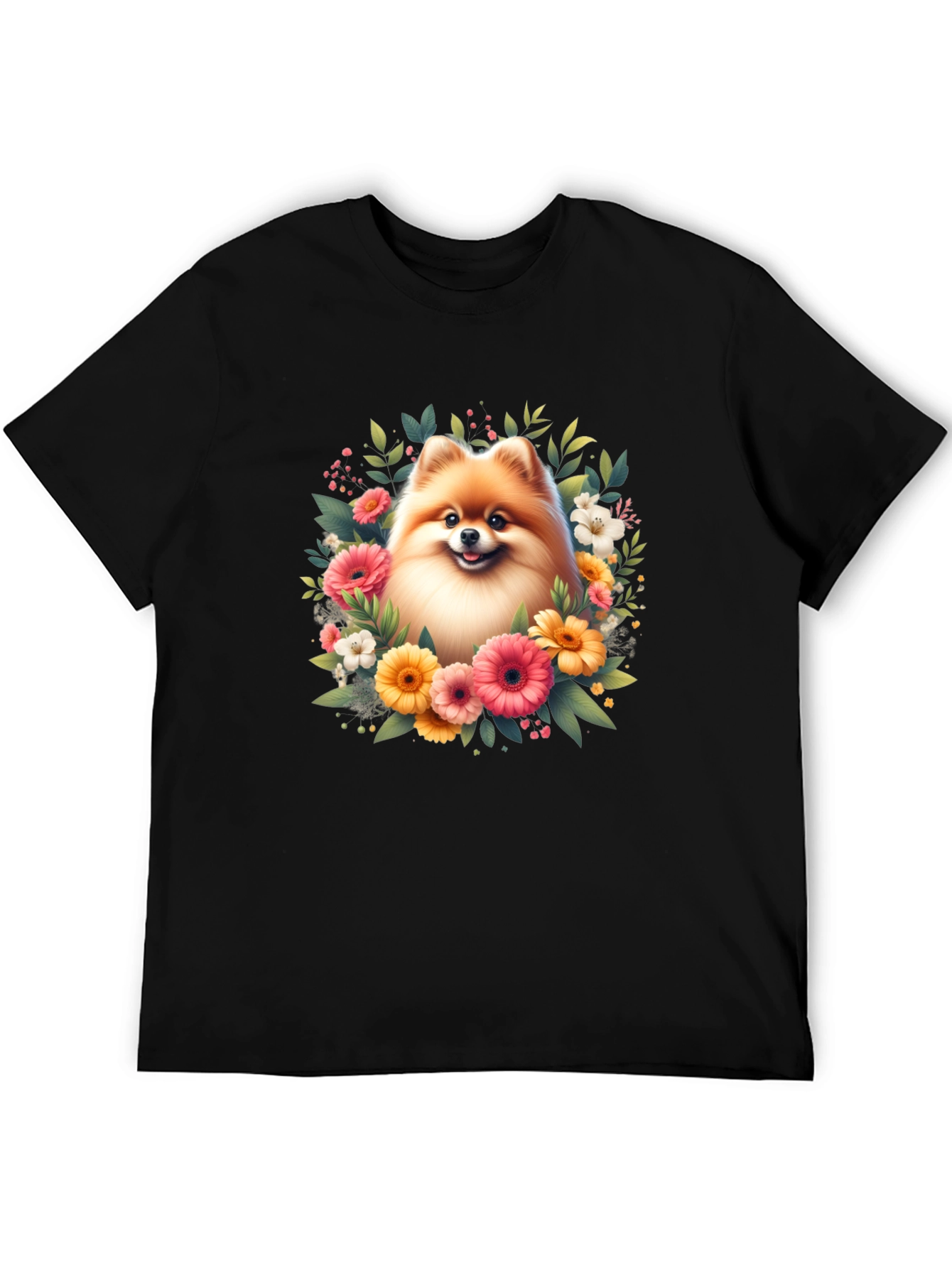 Dog and Floral Graphic Black T-Shirt