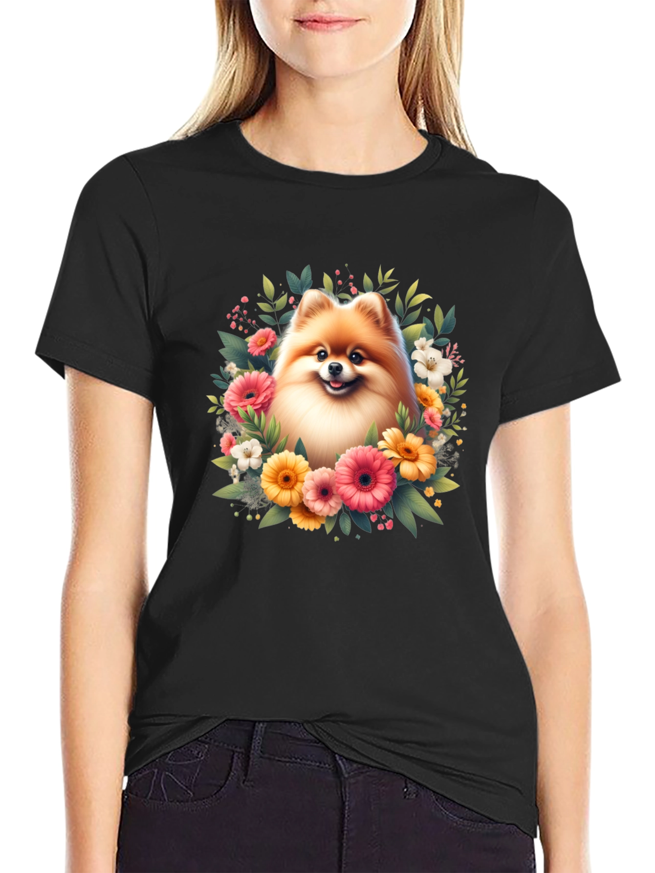 Dog and Floral Graphic Black T-Shirt