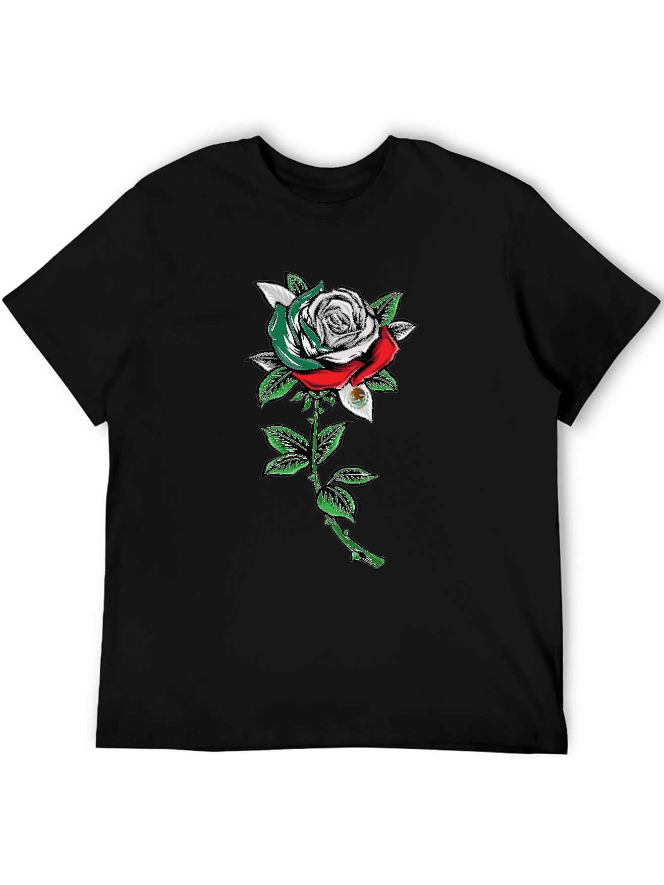 Mexican Flag Rose Graphic Tee - Black Cotton T-Shirt