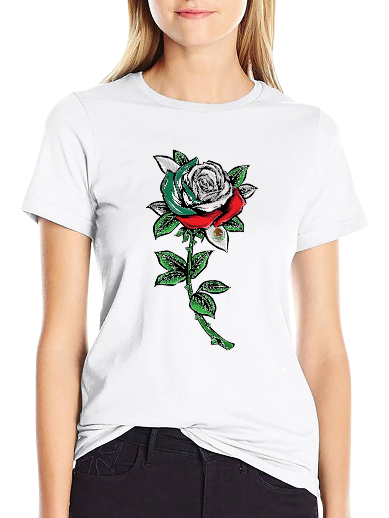 Mexican Flag Rose Graphic Tee - Black Cotton T-Shirt