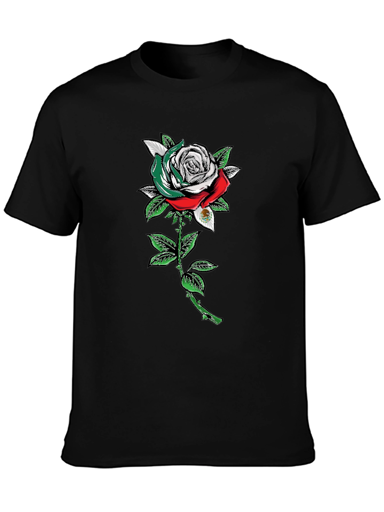 Mexican Flag Rose Graphic Tee - Black Cotton T-Shirt