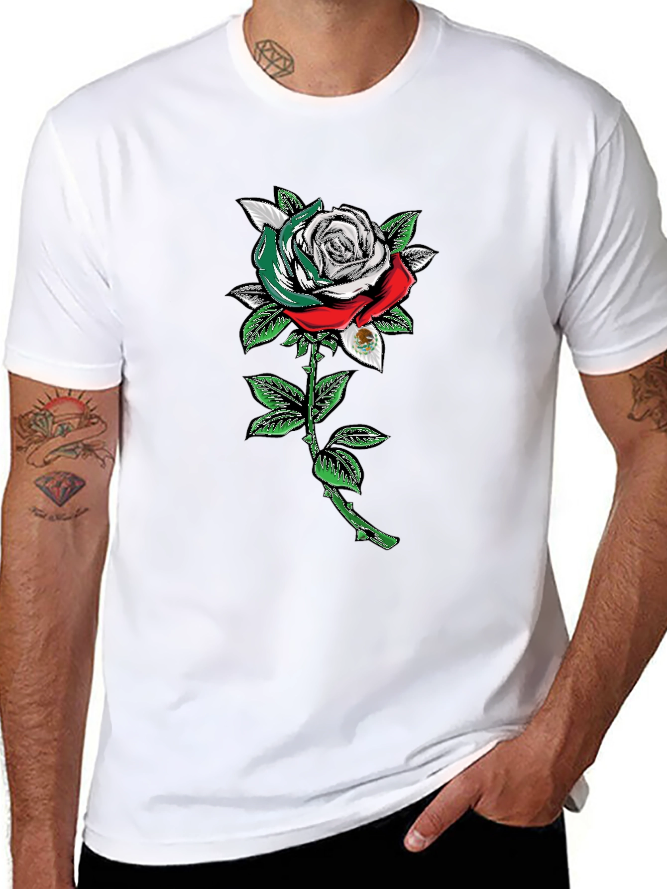 Mexican Flag Rose Graphic Tee - Black Cotton T-Shirt