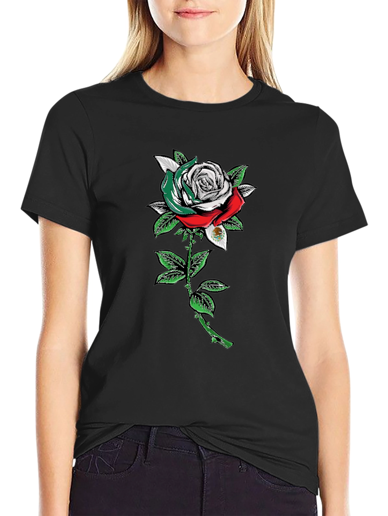 Mexican Flag Rose Graphic Tee - Black Cotton T-Shirt