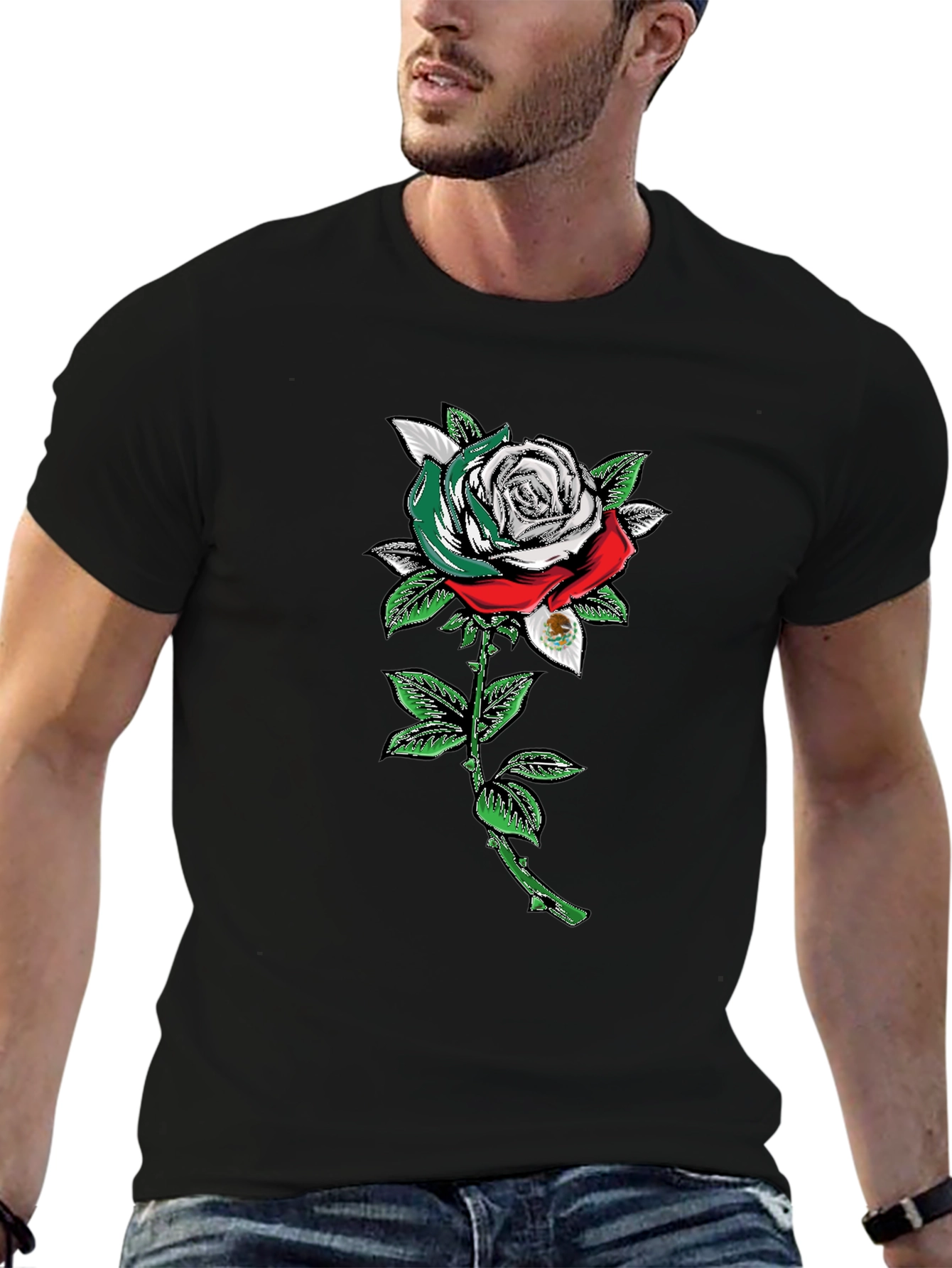 Mexican Flag Rose Graphic Tee - Black Cotton T-Shirt