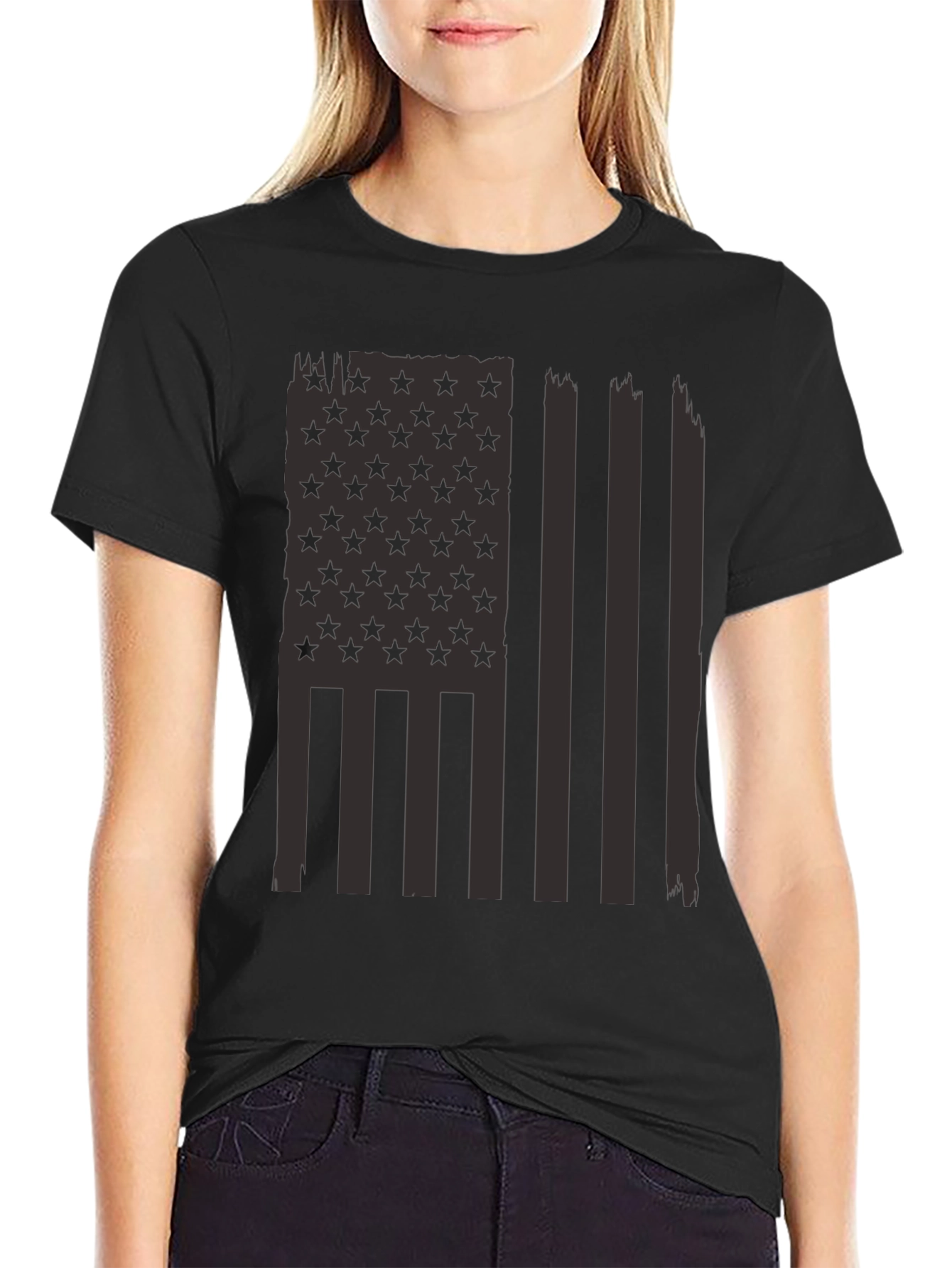 Distressed American Flag Graphic Tee - Black