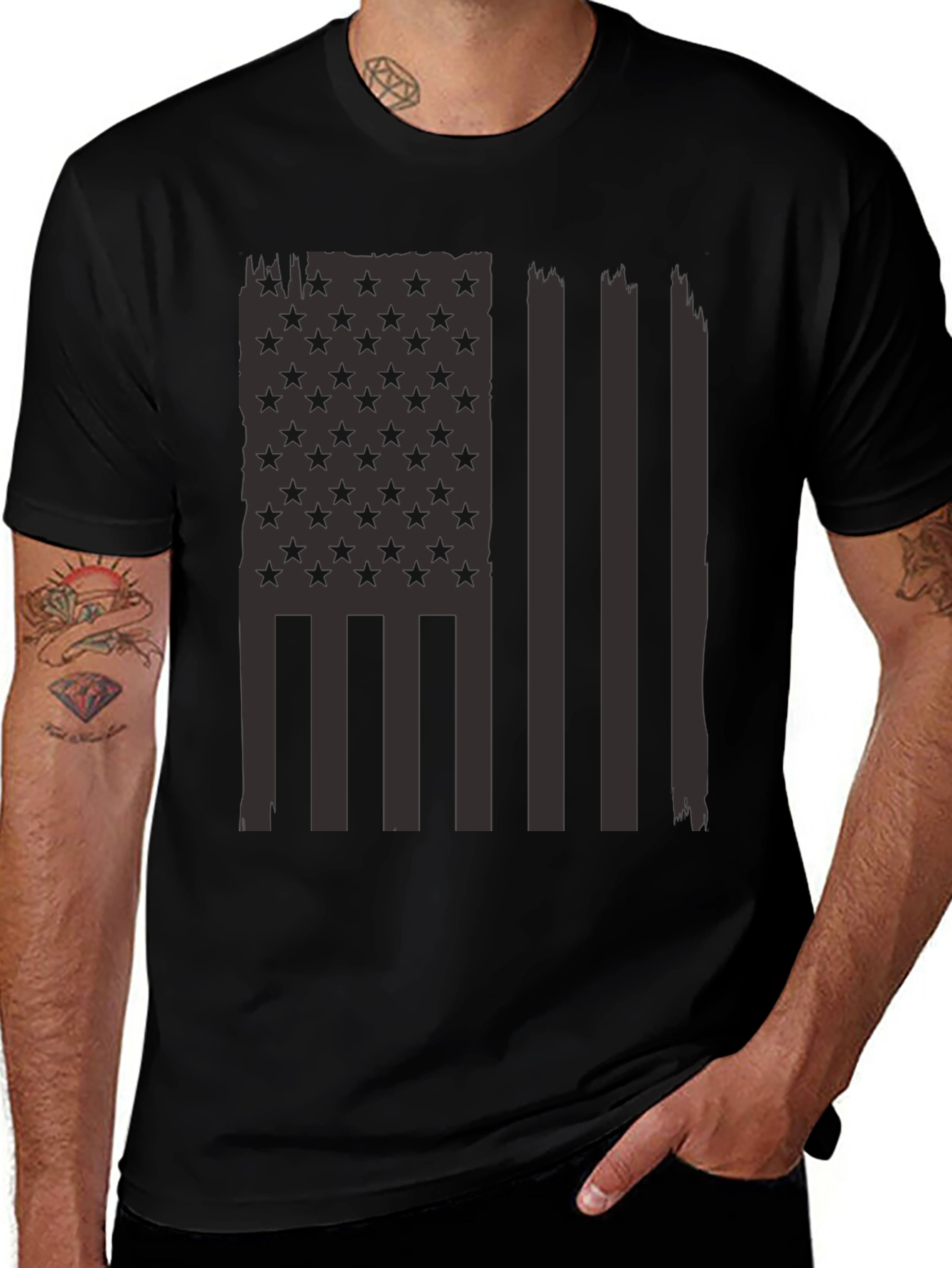 Distressed American Flag Graphic Tee - Black