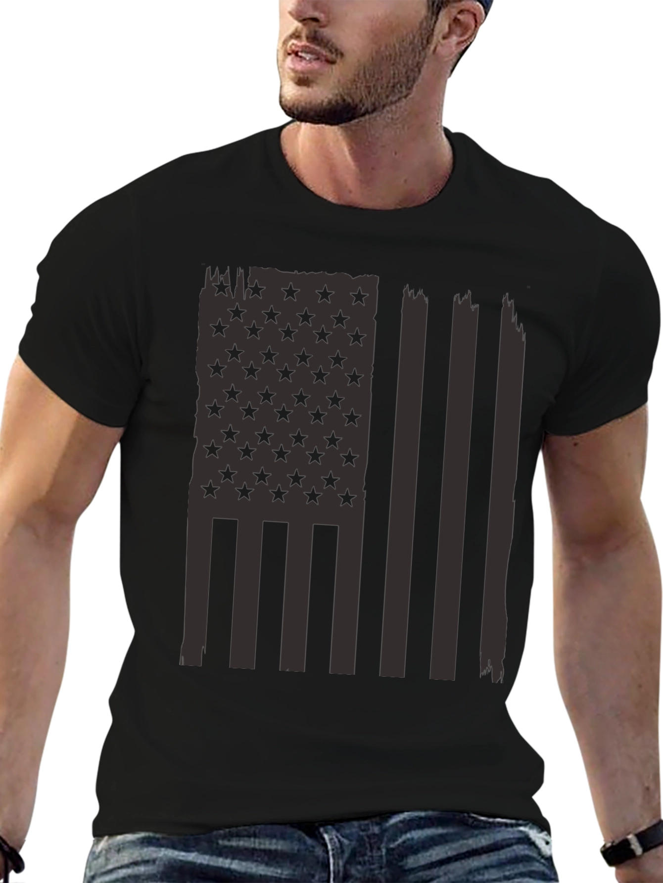 Distressed American Flag Graphic Tee - Black