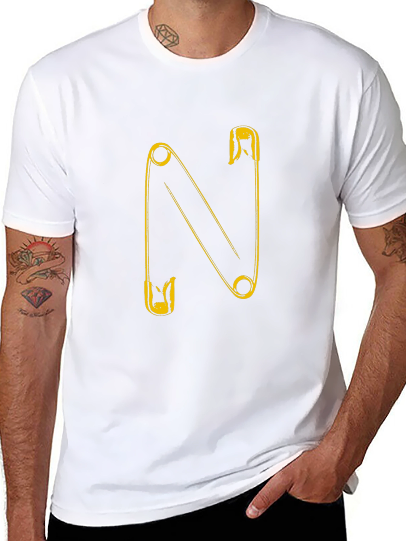 Safety Pin N Letter T-Shirt - Black