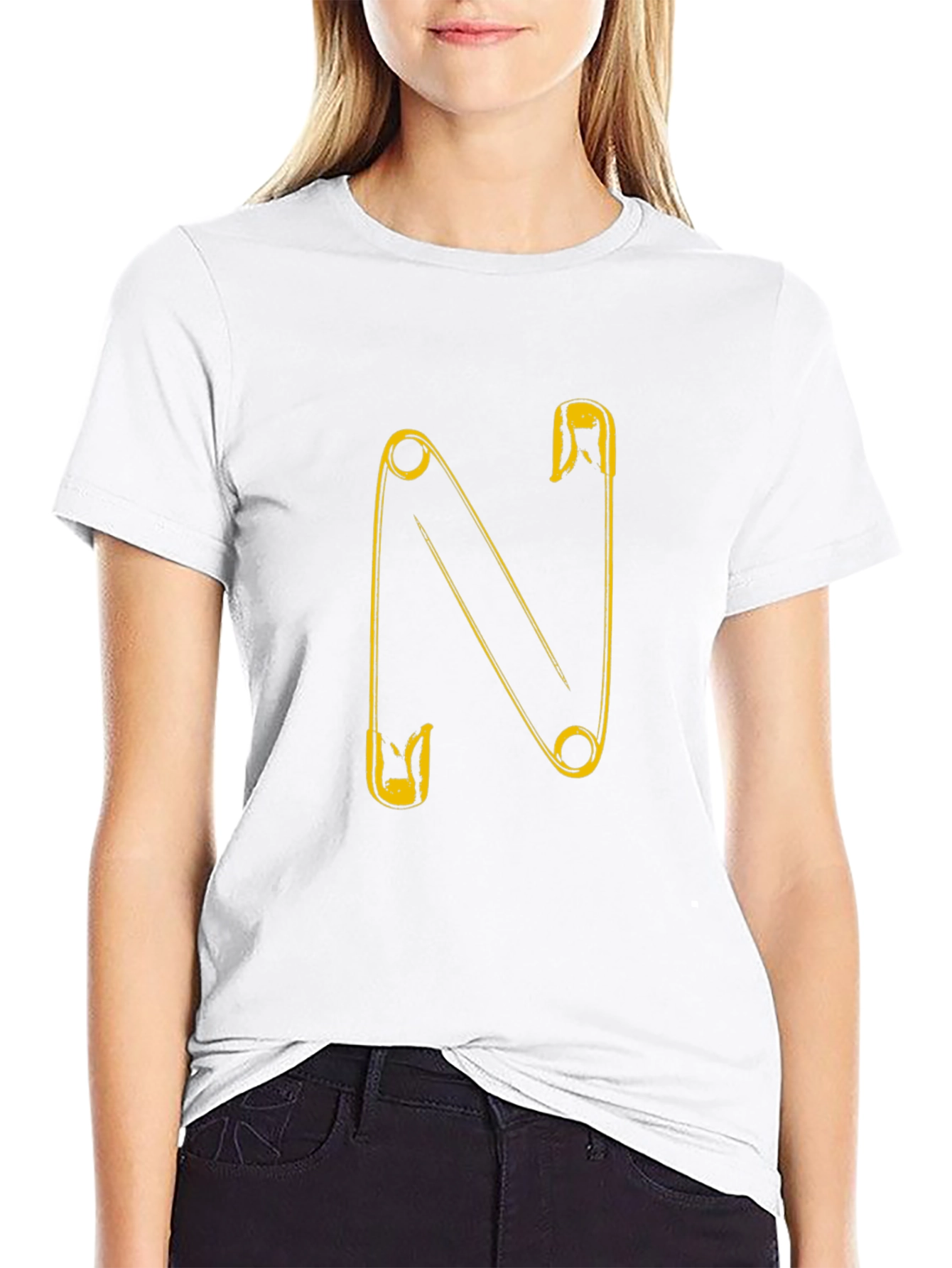 Safety Pin N Letter T-Shirt - Black