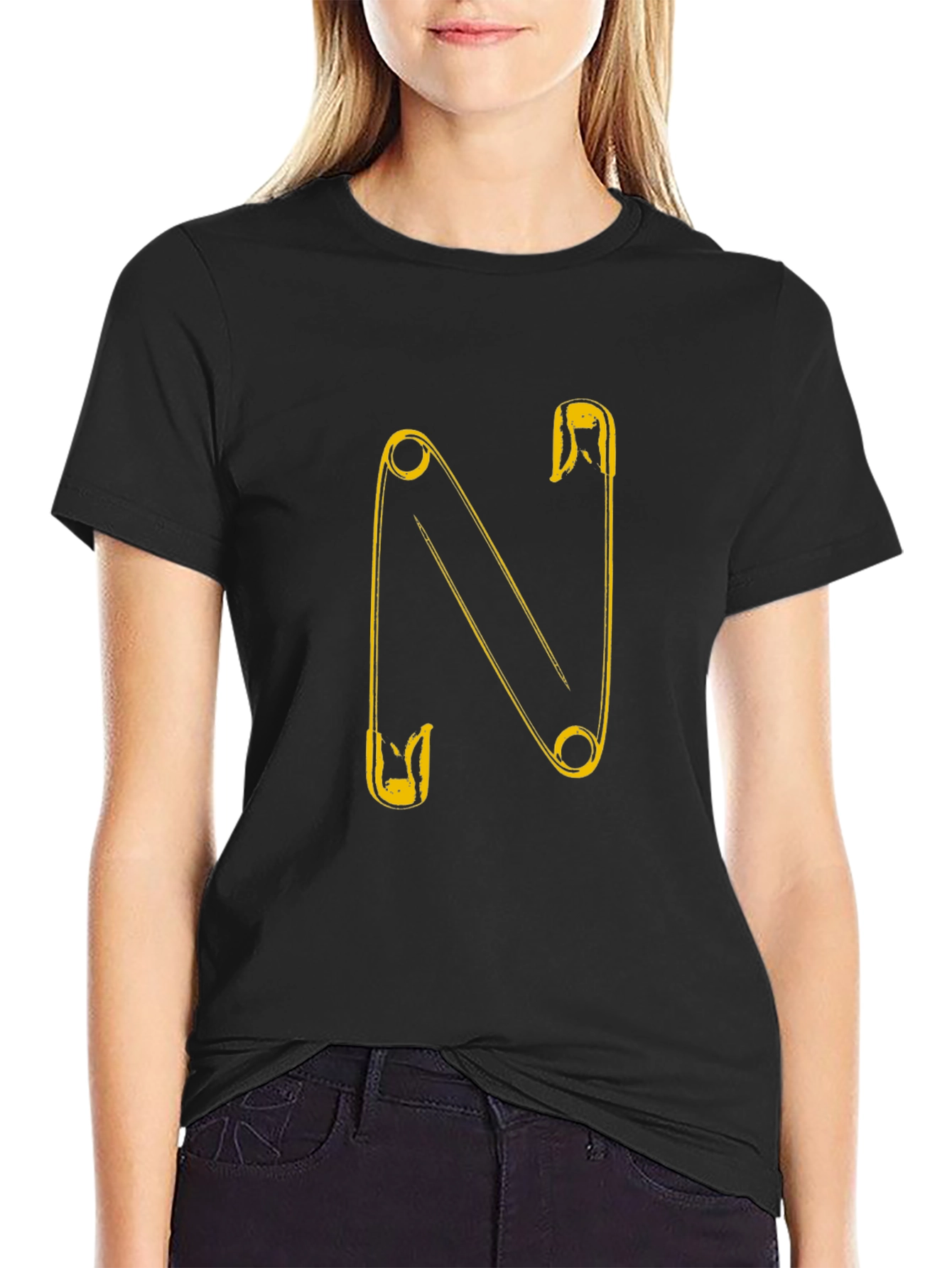 Safety Pin N Letter T-Shirt - Black
