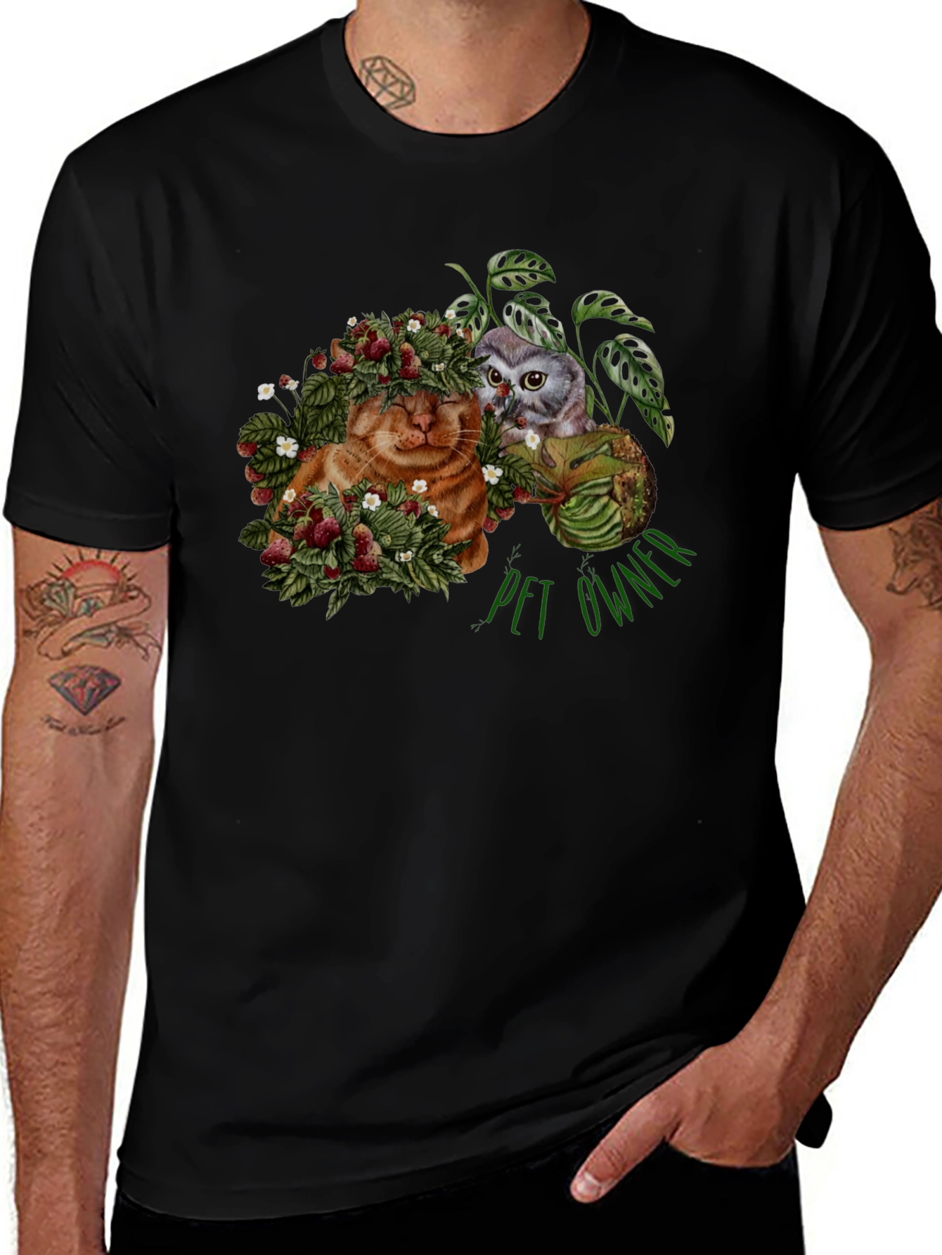 Pet Owner T-Shirt with Cat Owl and Strawberries Design