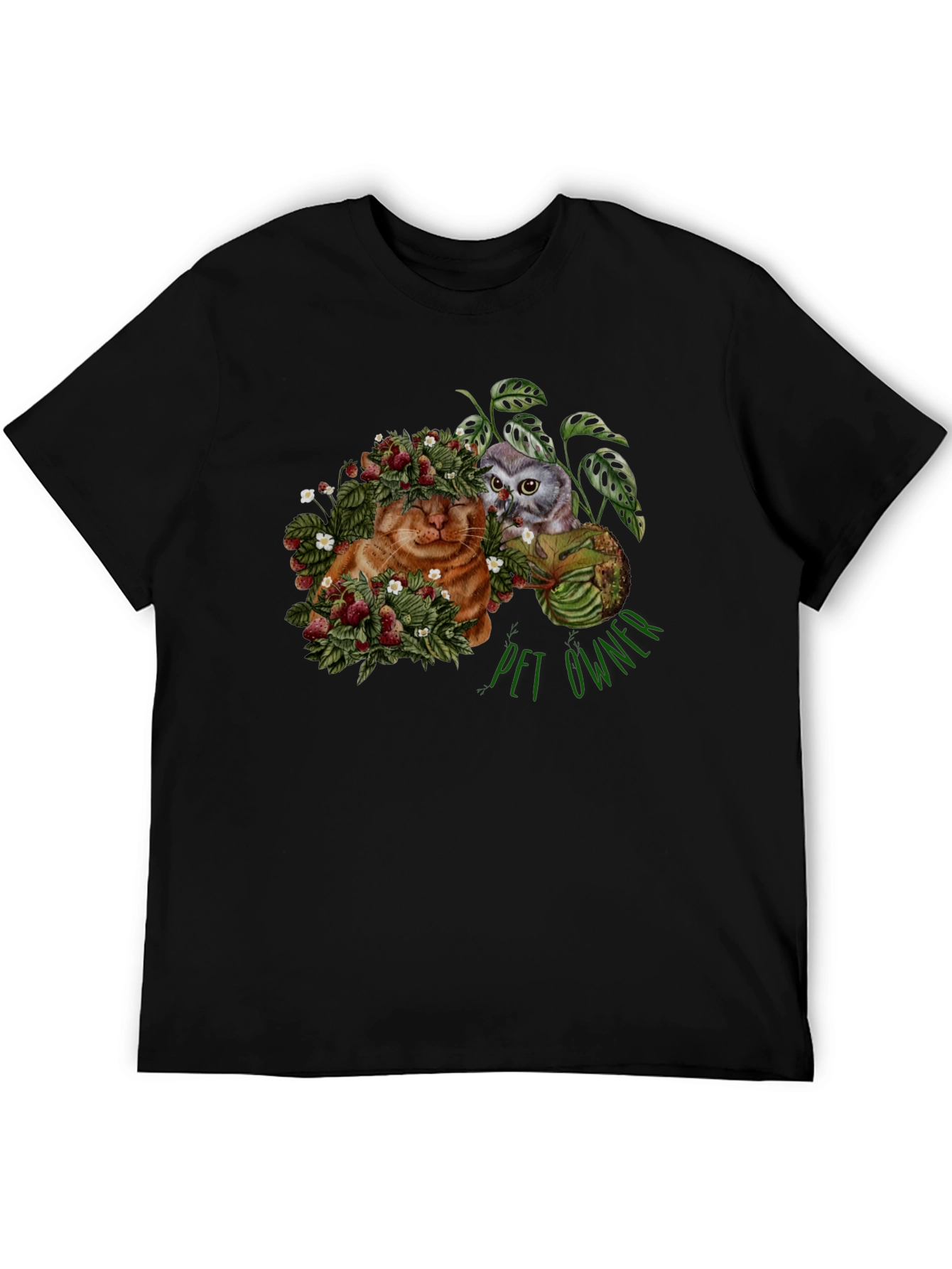 Pet Owner T-Shirt with Cat Owl and Strawberries Design