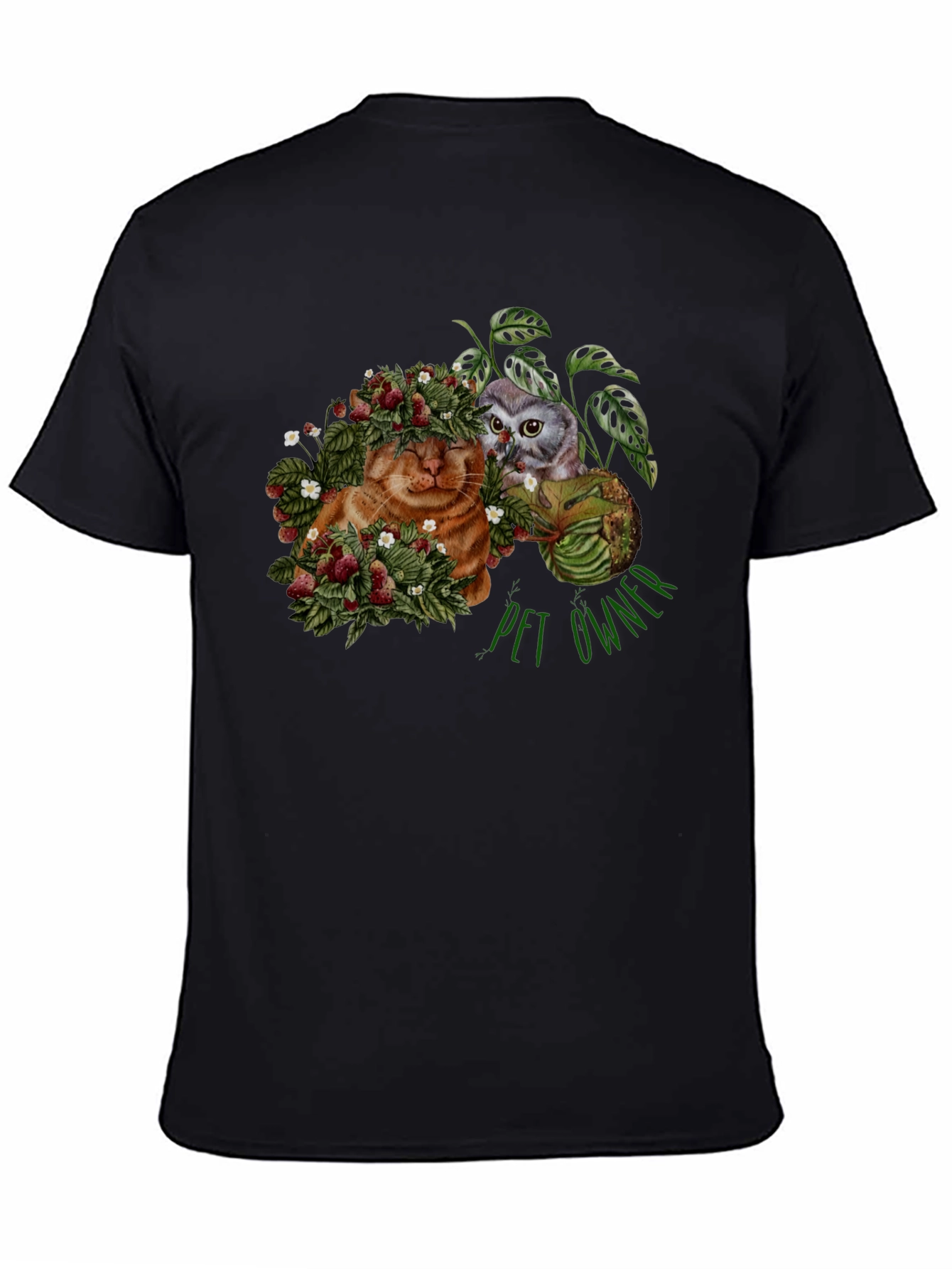 Pet Owner T-Shirt with Cat Owl and Strawberries Design