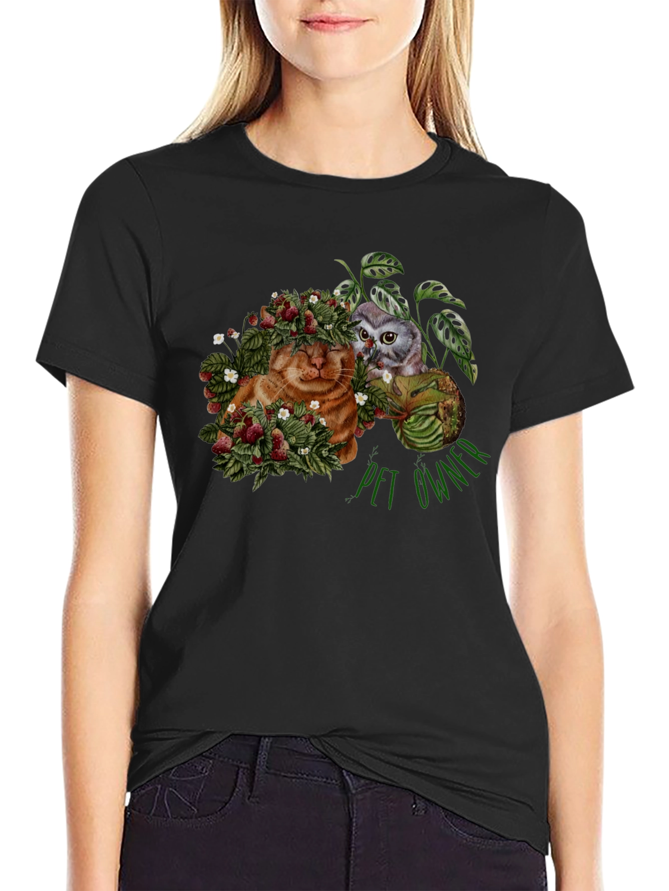Pet Owner T-Shirt with Cat Owl and Strawberries Design