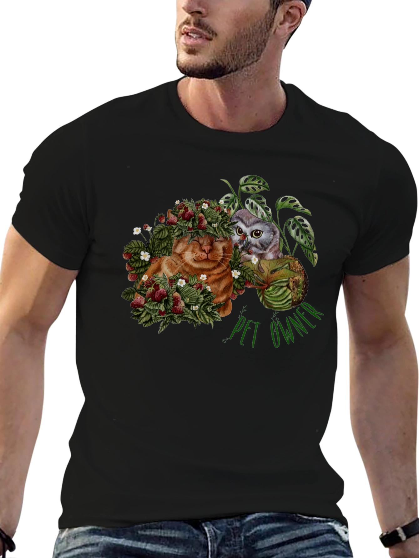Pet Owner T-Shirt with Cat Owl and Strawberries Design