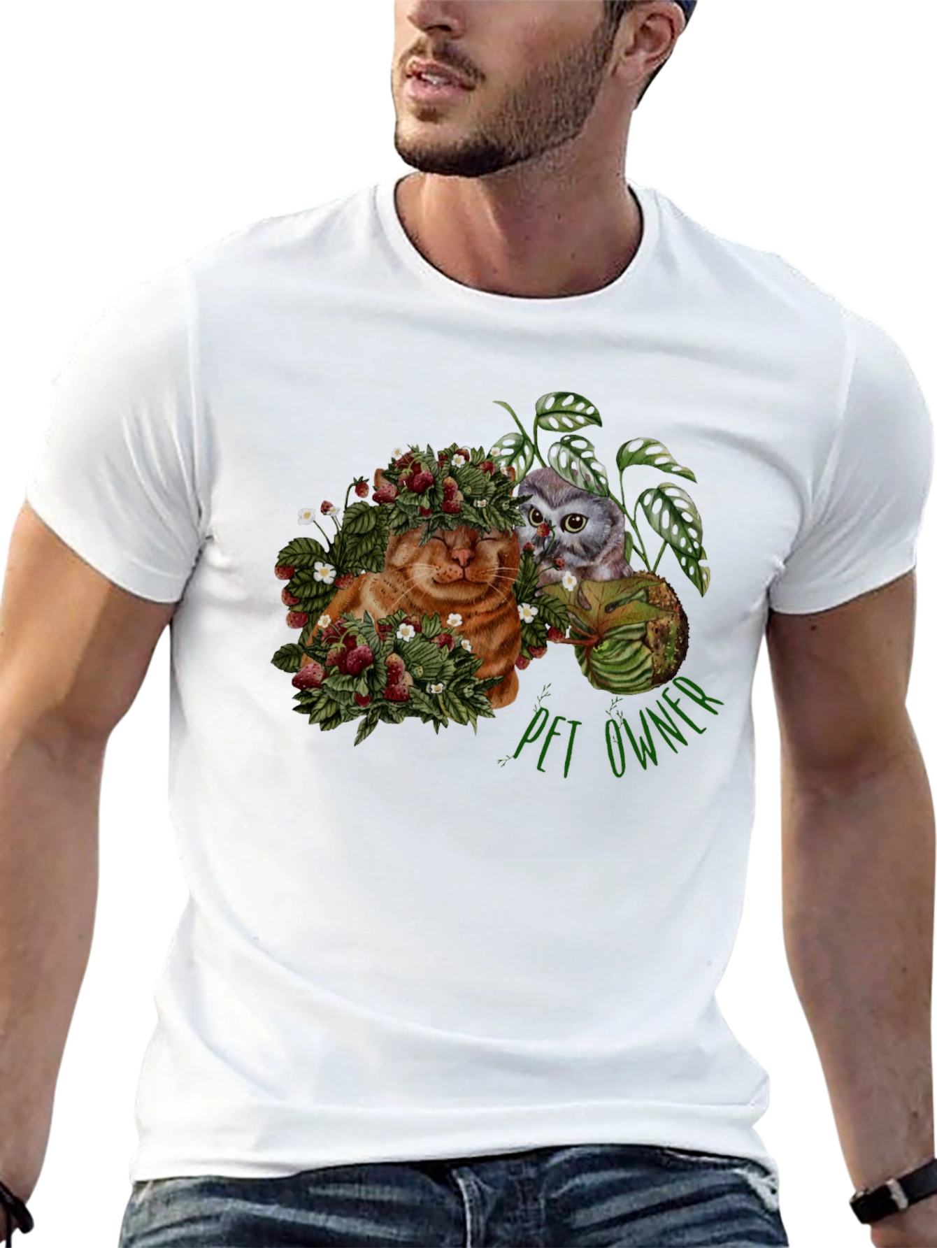 Pet Owner T-Shirt with Cat Owl and Strawberries Design