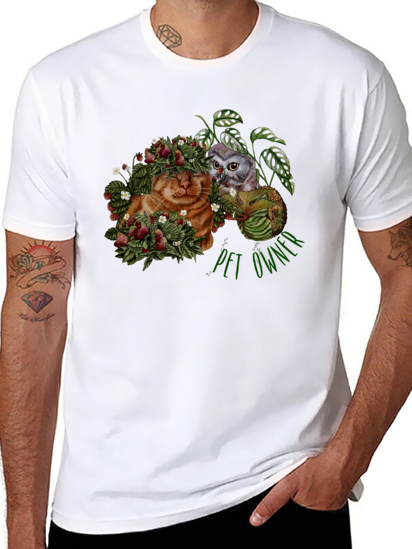 Pet Owner T-Shirt with Cat Owl and Strawberries Design