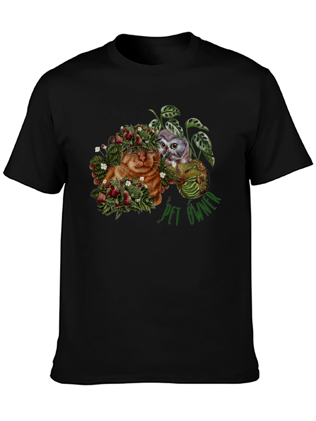 Pet Owner T-Shirt with Cat Owl and Strawberries Design