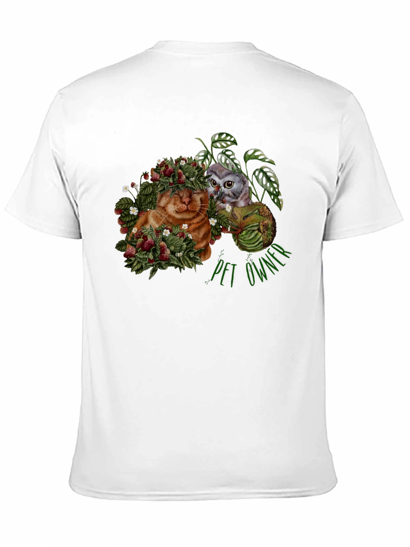 Pet Owner T-Shirt with Cat Owl and Strawberries Design