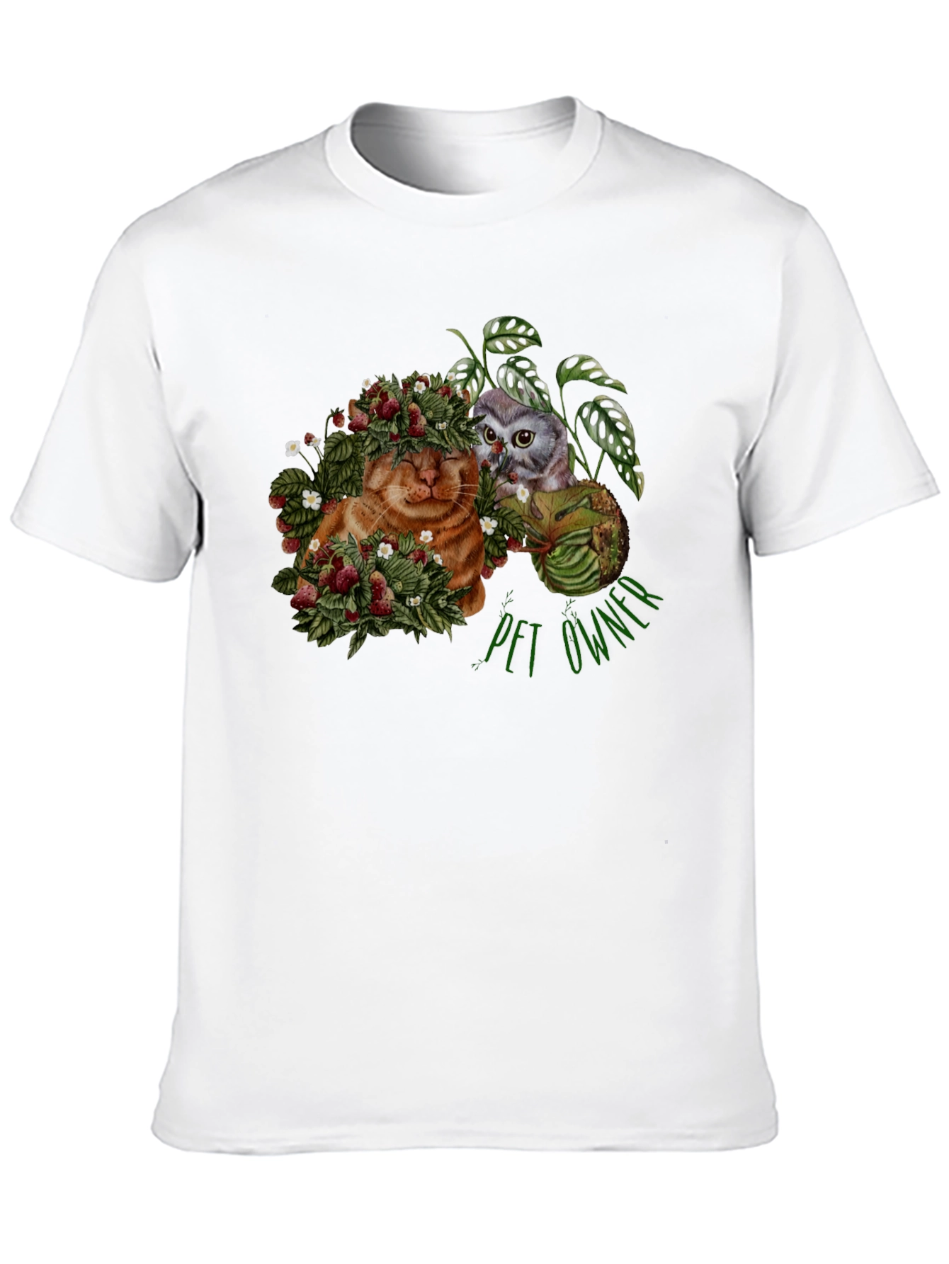 Pet Owner T-Shirt with Cat Owl and Strawberries Design