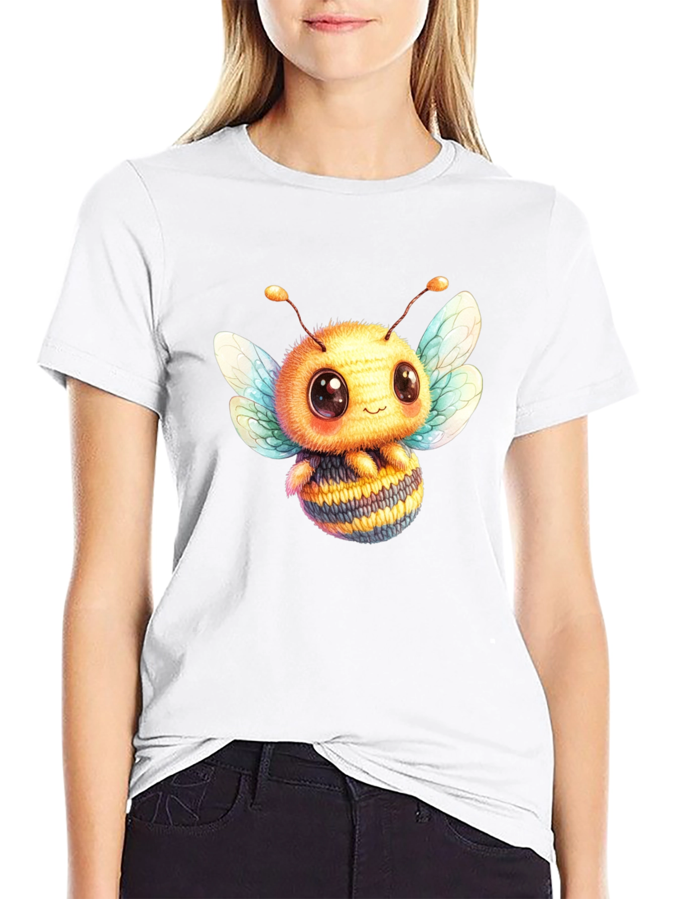 Cute Bee Graphic Tee - Black Cotton Blend