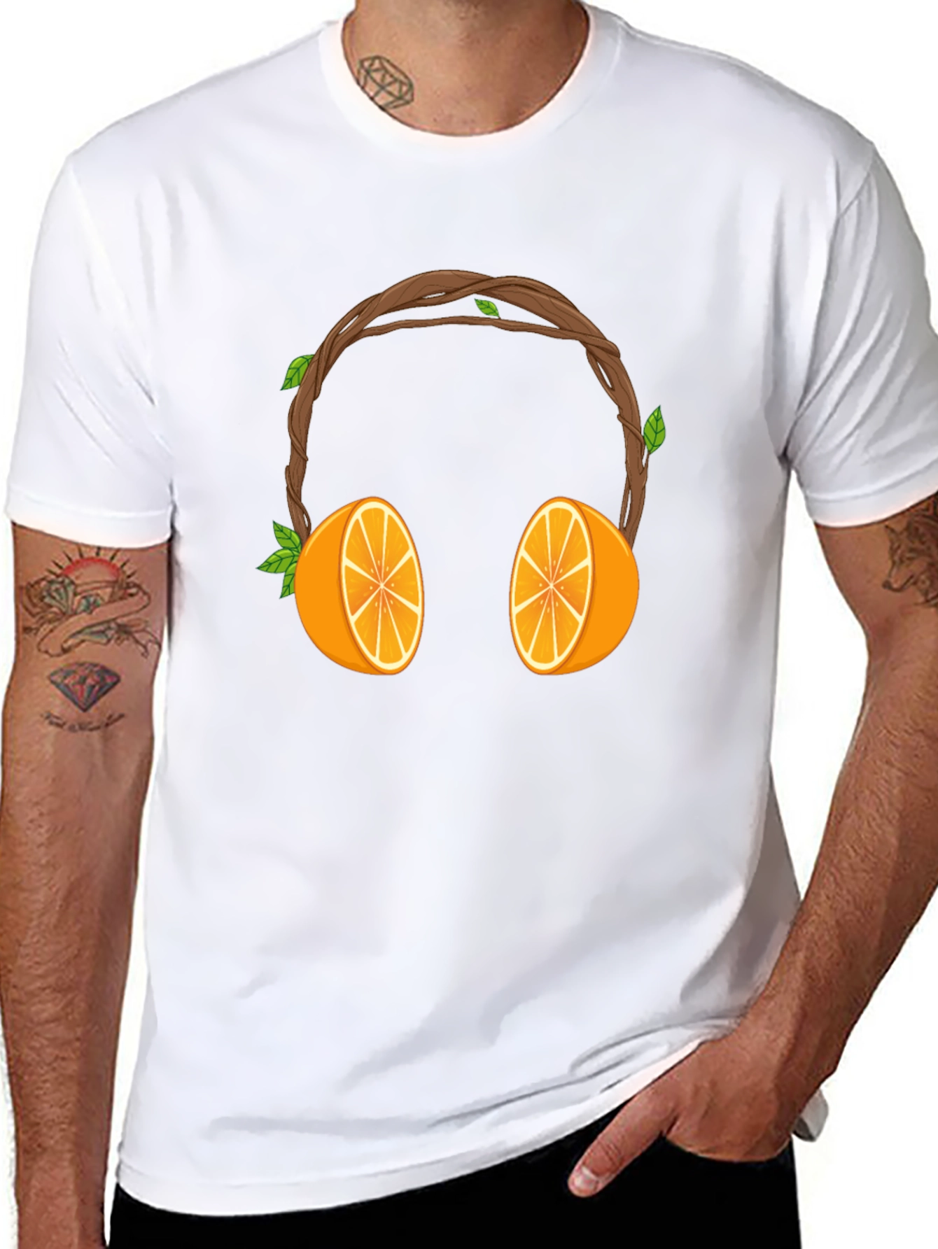 Orange Headphones Graphic Tee - Unique Fruit Design