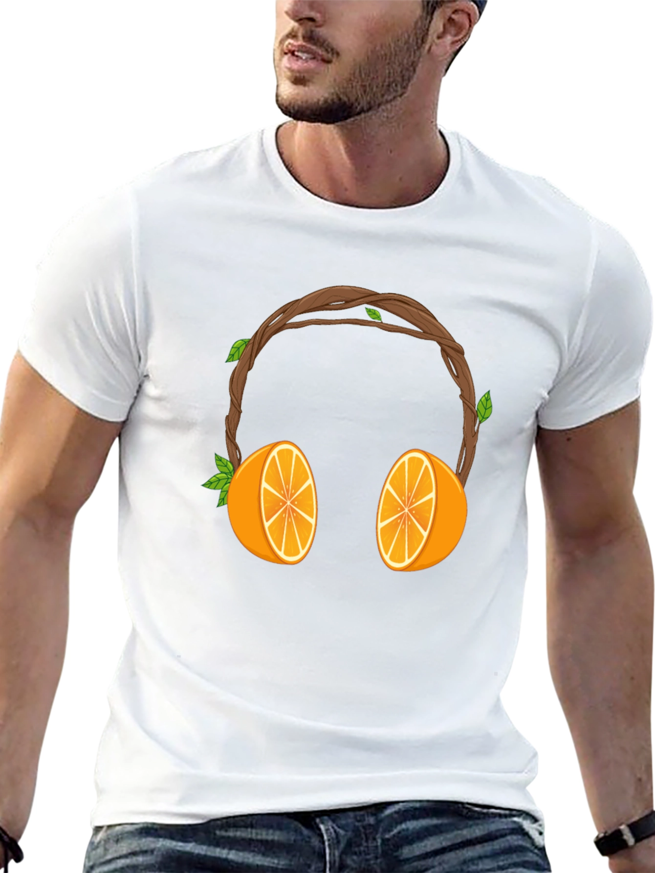 Orange Headphones Graphic Tee - Unique Fruit Design