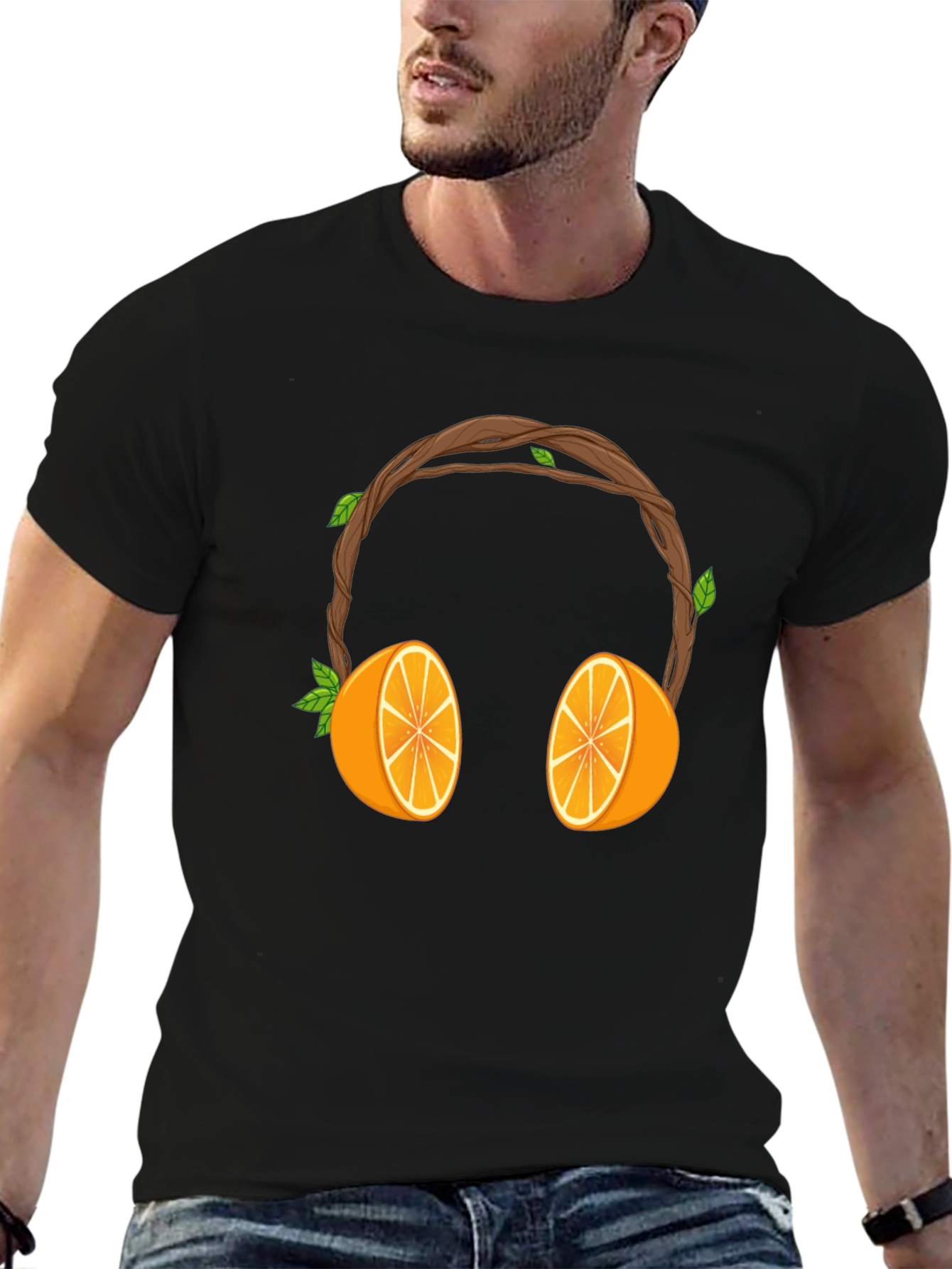 Orange Headphones Graphic Tee - Unique Fruit Design