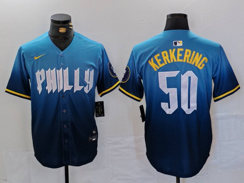 Men's Philadelphia Phillies Orion Kerkering #50 Blue 2024 City Connect Limited Player Jerseys