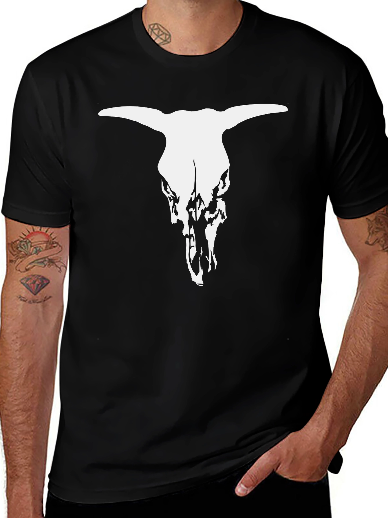 Black T-Shirt with White Bull Skull Graphic