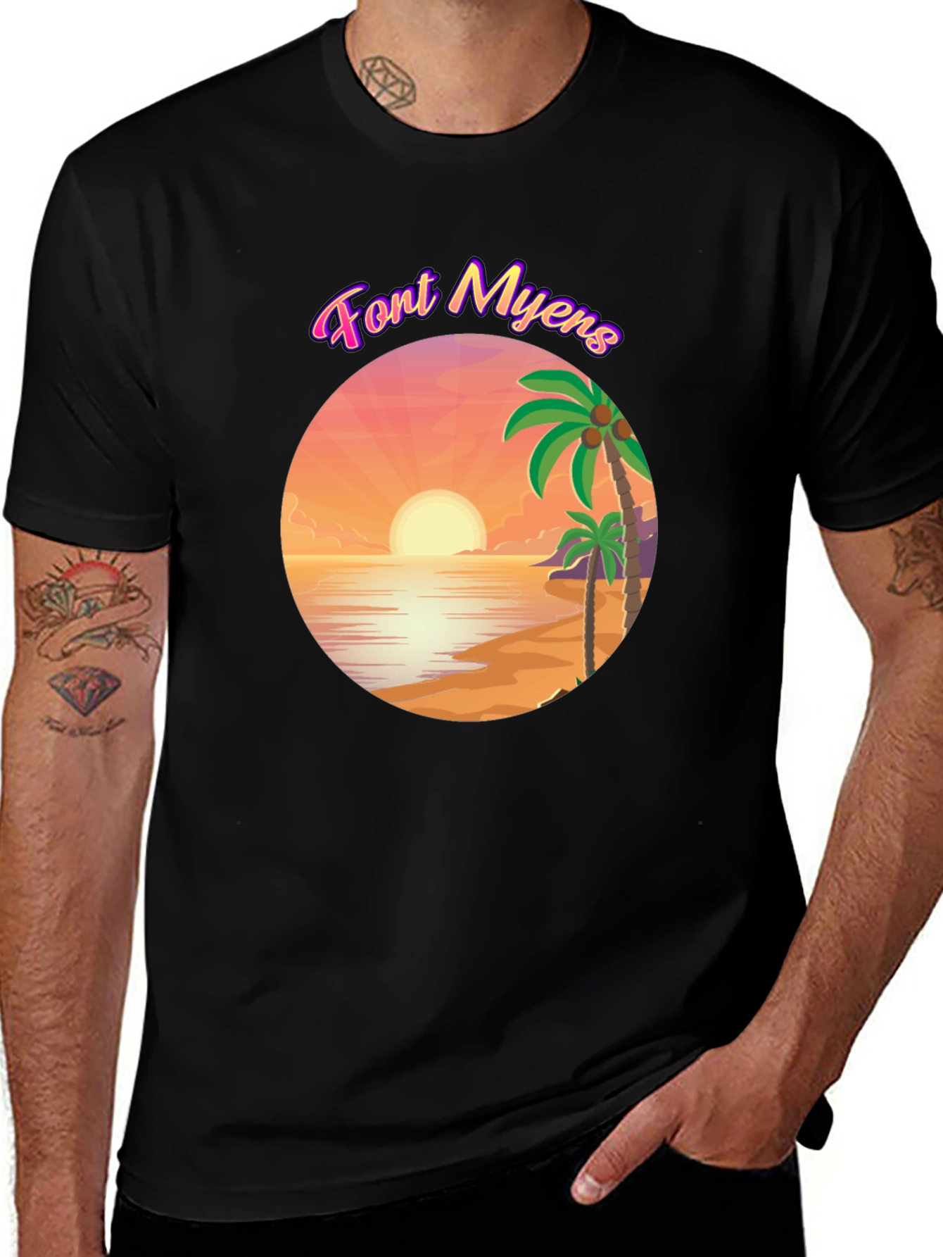 Font Myens Sunset Graphic Tee - Tropical Beach T-Shirt